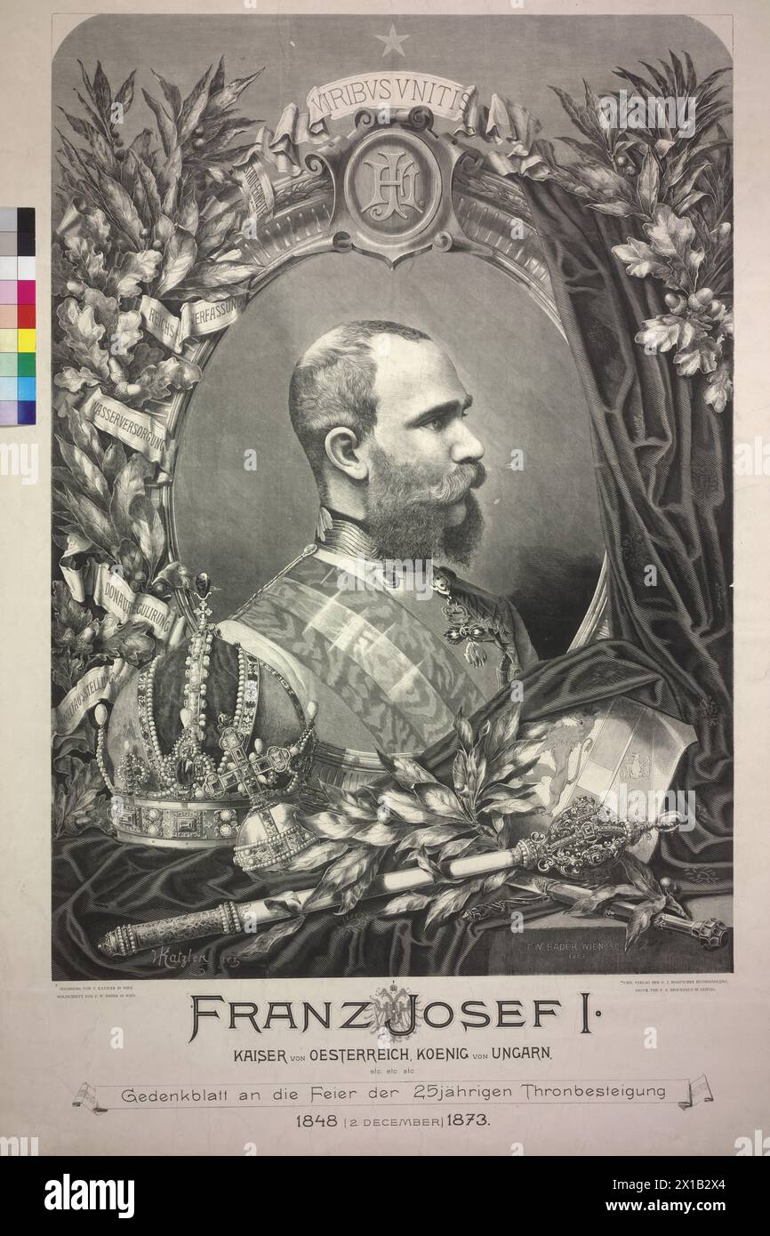 Francesco Giuseppe i, Imperatore d'Austria, carta commemorativa per il centenario del trono dei 25 anni incisa da Friedrich William Bader su disegno di Vincent Katzler, sia firmata che datata 1873 (nella caratterizzazione) casa editrice della libreria G. J. Manz, stampa di F. A. Brockhaus Leipzig legenda identica a PK 353, 42 (vedere qui) formato e variazione di stampa a PK 353, 42 rispettivamente 42b, 1873, - 18730101 PD1056 - Rechteinfo: Rights Managed (RM) Foto Stock
