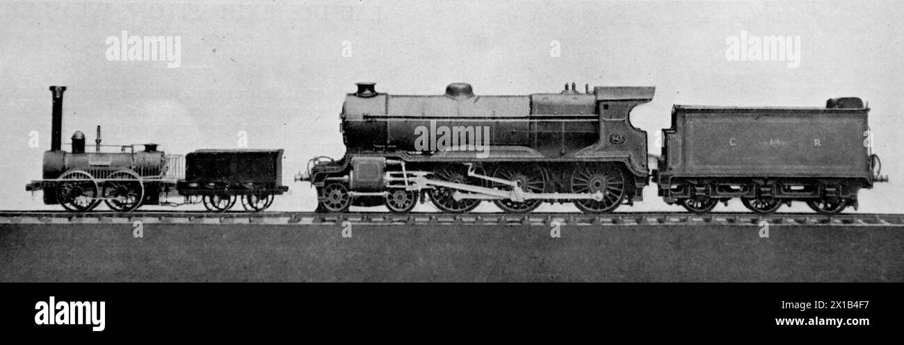 80 anni di Locomotive Engineering rappresentata da Comet della Newcastle and Carlisle Railway (1835) e un 4-6-0 della Caledonian Railway (1915). Da una pubblicazione originale datata 15 maggio 1924, questo aiuta a dare un'idea del trasporto pubblico, e in particolare delle ferrovie, degli anni '1920 Foto Stock