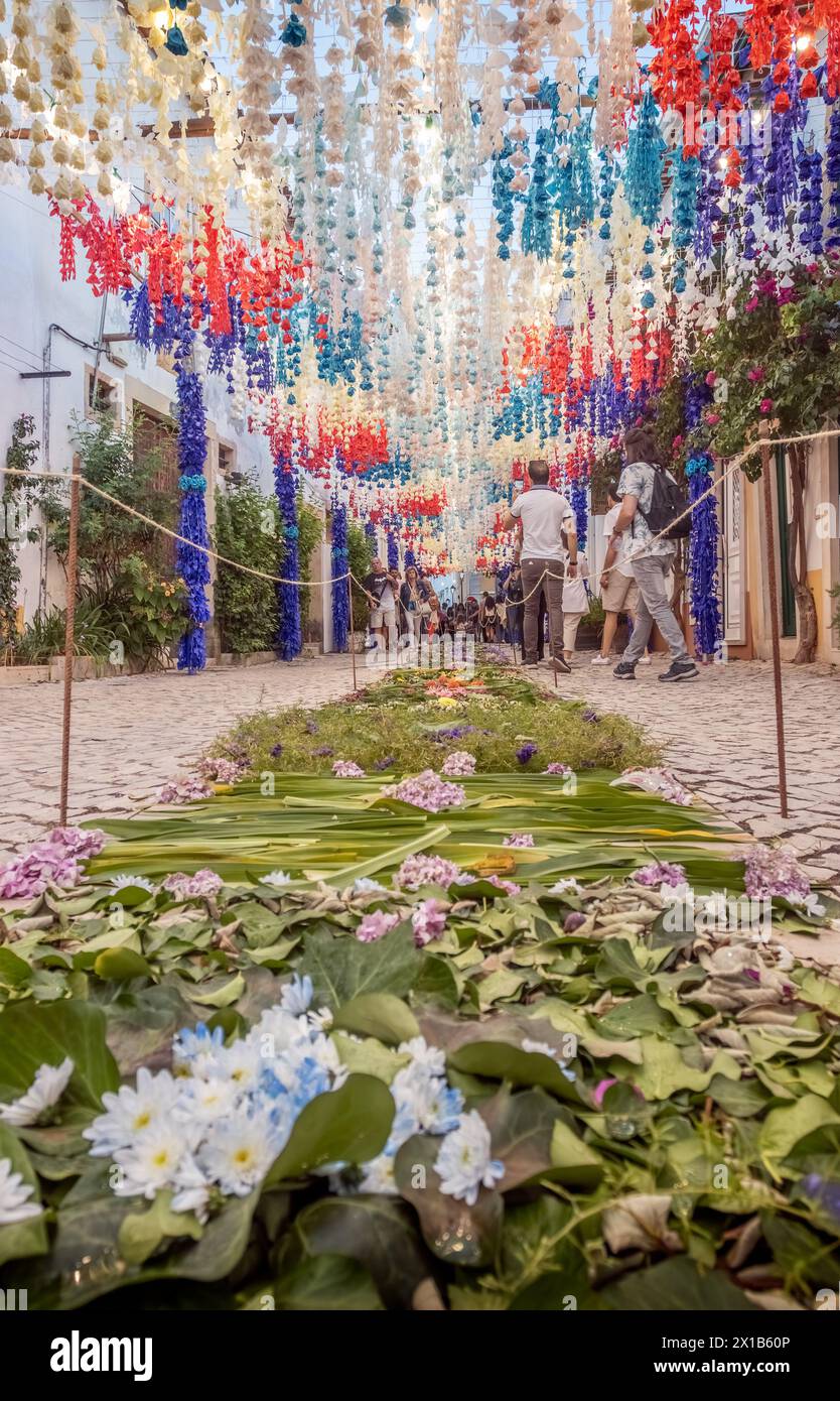 Tomar, Portogallo - 8 luglio 2023: Strada decorata con un tappeto di fiori e fiori di carta alla Festa dos Tabuleiros a Tomar, Portogallo. Foto Stock