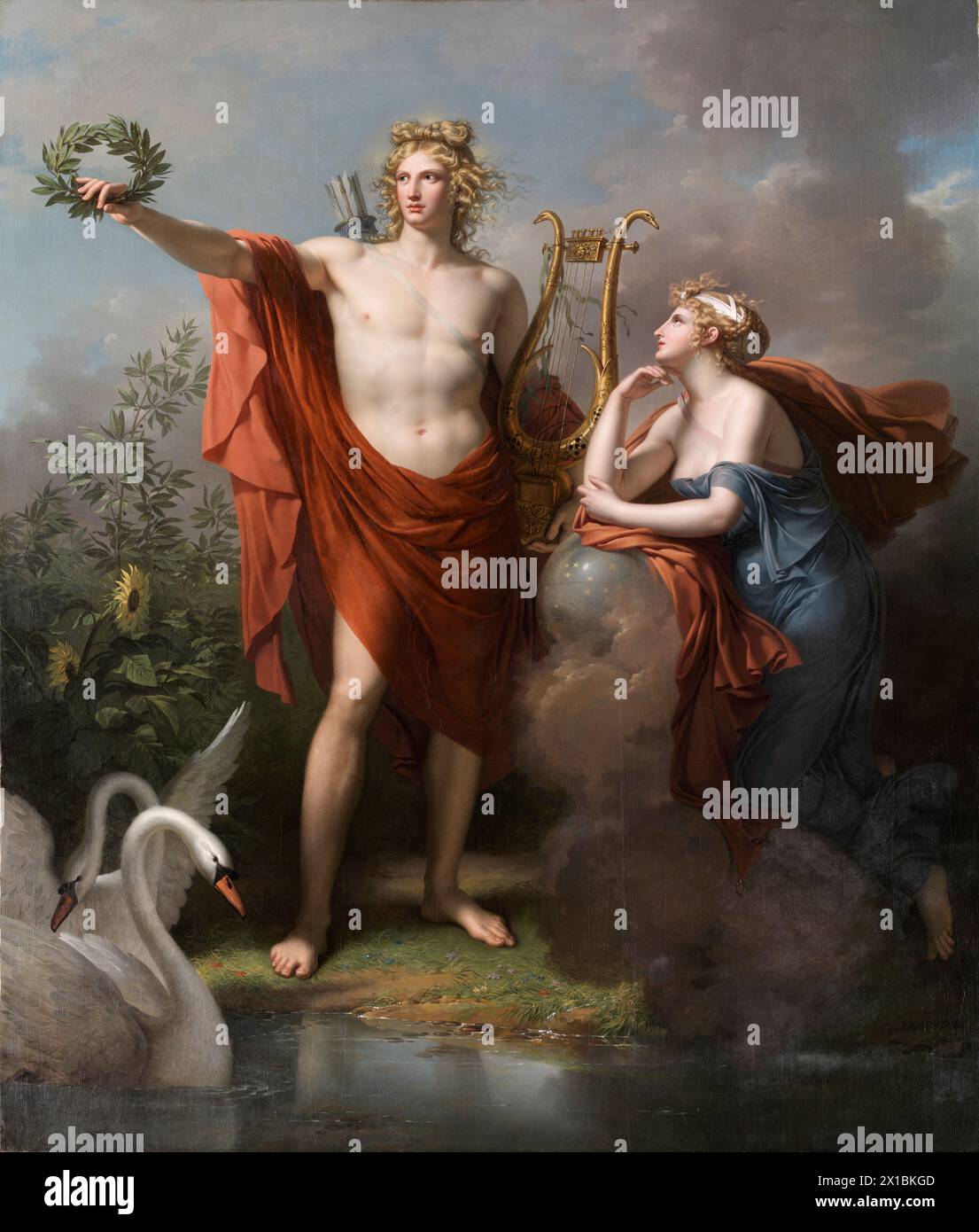 Apollo, Dio della luce, Eloquenza, poesia e Belle Arti con Urania, Musa dell'Astronomia. Charles Meynier. 1798. Foto Stock