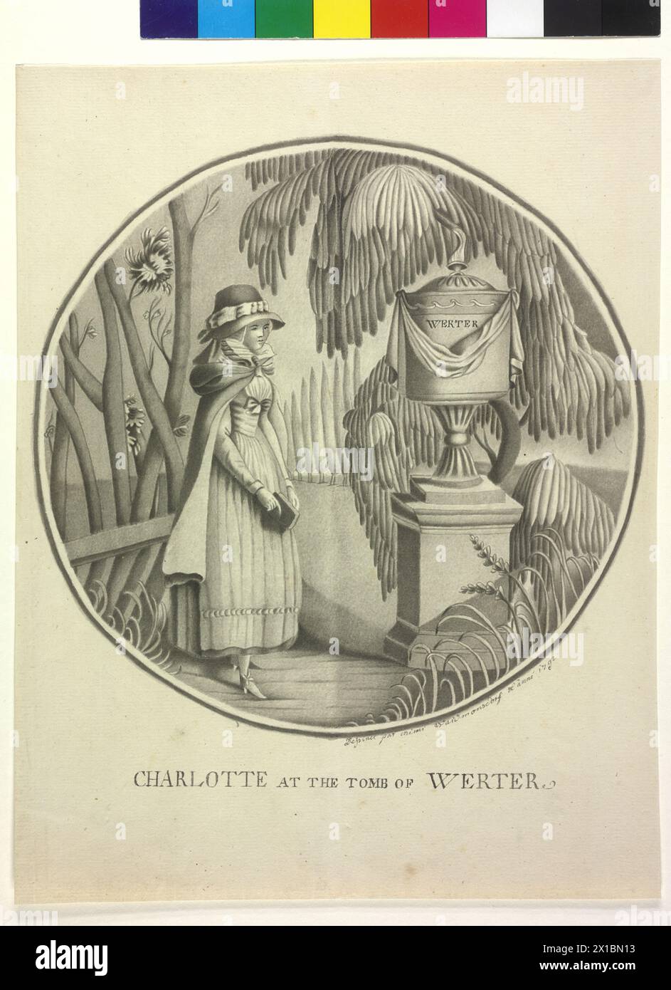 Charlotte alla tomba di Werther, Charlotte piange di fronte al monumento funebre Werthers sotto forma di urna sul piedistallo, la scena che copre te stesso sul romanzo epistolare di Johann Wolfgang di Goethe 'Die Leiden des jungen Werthers', per la prima volta in arrivo nel 1774. Non è che un'illustrazione del romanzo, ma una scena fittizia, perché il romanzo termina con il suicidio di Werther, disegno a pennello in grigio di Mimi Waidmansdorf, firmato e datato 1792, - 17920101 PD0097 - Rechteinfo: Rights Managed (RM) Foto Stock