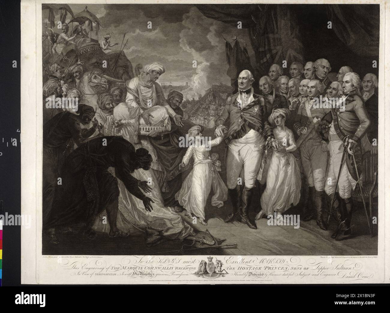 I figli del sultano Tipu genesi Lord Cornwallis come ostaggio presente, una delegazione di indiani con elefanti e cavalli che consegnano due figli del sultano Tipu all'inglese. Sulla destra Maquris Cornwallis con i due principi indiani, l'He per mano di Keep, vari ufficiali britannici alle spalle. Vista di Seringapatam. (Con codice figura confrontare PK 511, 54a), incisione su incisione / rame di Daniel orme basata su pittura di Math Brown. Liberate von Daniel e Edward orme. Con iscrizione al re Giorgio III d'Inghilterra e il suo stemma, - 17990101 PD0039 - Rechteinfo: Rights Managed (RM) Foto Stock