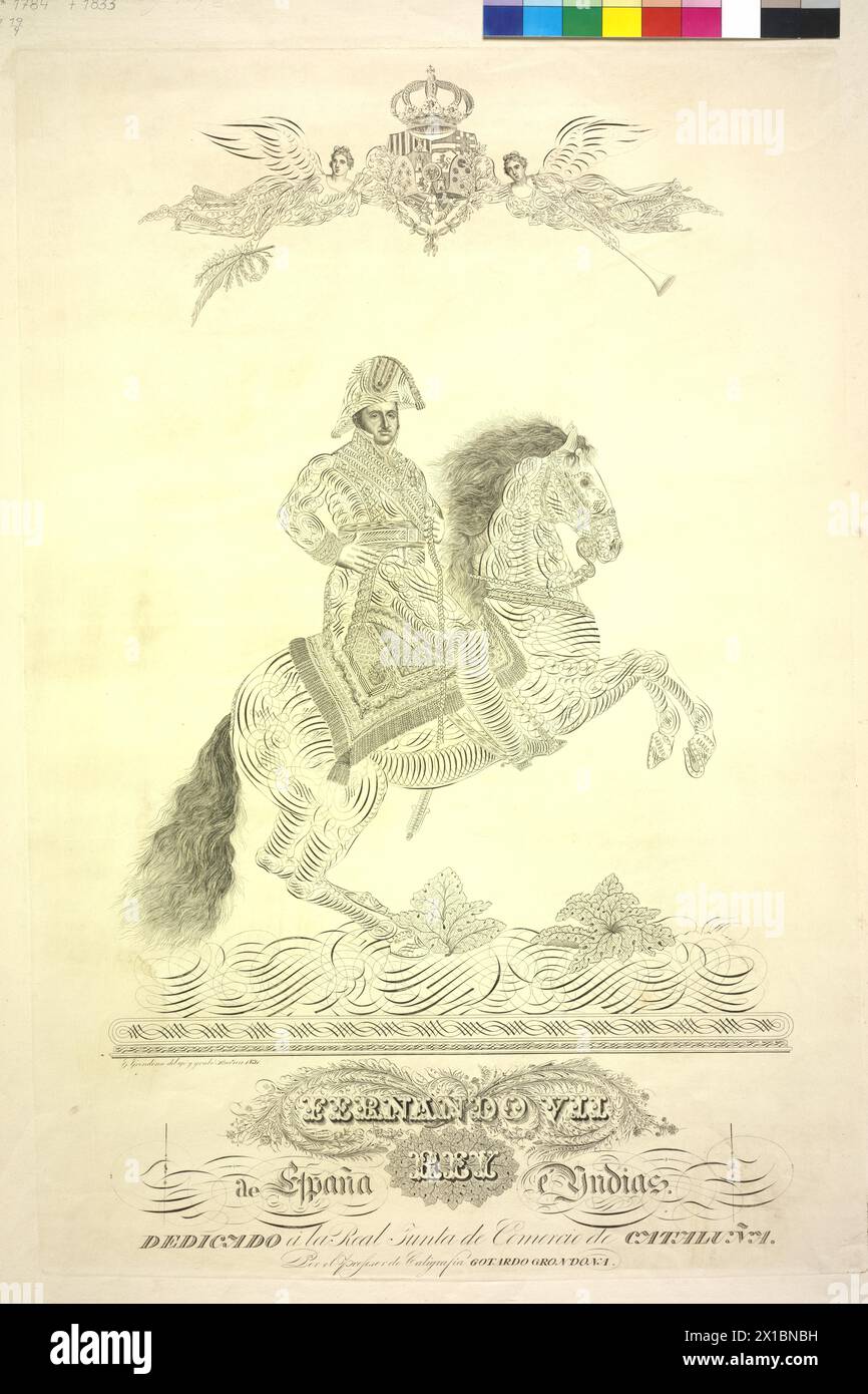 Ferdinando VII, re di Spagna, immagine equestre. foglio di stampaggio calligrafico. Incisione/incisione del rame su disegno di Gotardo Grondona. Stemma, - 18310101 PD0581 - Rechteinfo: Rights Managed (RM) Foto Stock