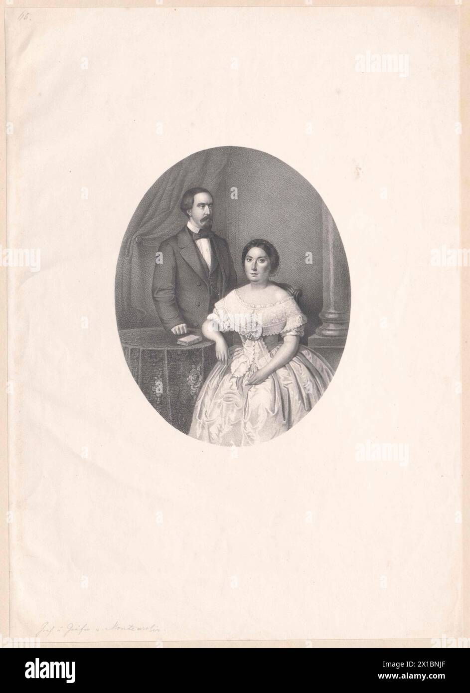 Foto Karl, Infante di Spagna (1818-1861) con la moglie Caroline, principessa delle due Sicilie (1820-1861), Karl: Coperta dell'anca verso il basso dietro velato tavolo occasionale in piedi, tre quarti da destra, Caroline: ben vicino figura intera prima di sedersi, faccia da sinistra, in un luminoso abito di gala a maniche corte dal collo basso, il braccio destro accanto a sé. opuscolo disposto in ovale. Davanti allo script, - 18500101 PD0409 - Rechteinfo: Rights Managed (RM) Foto Stock