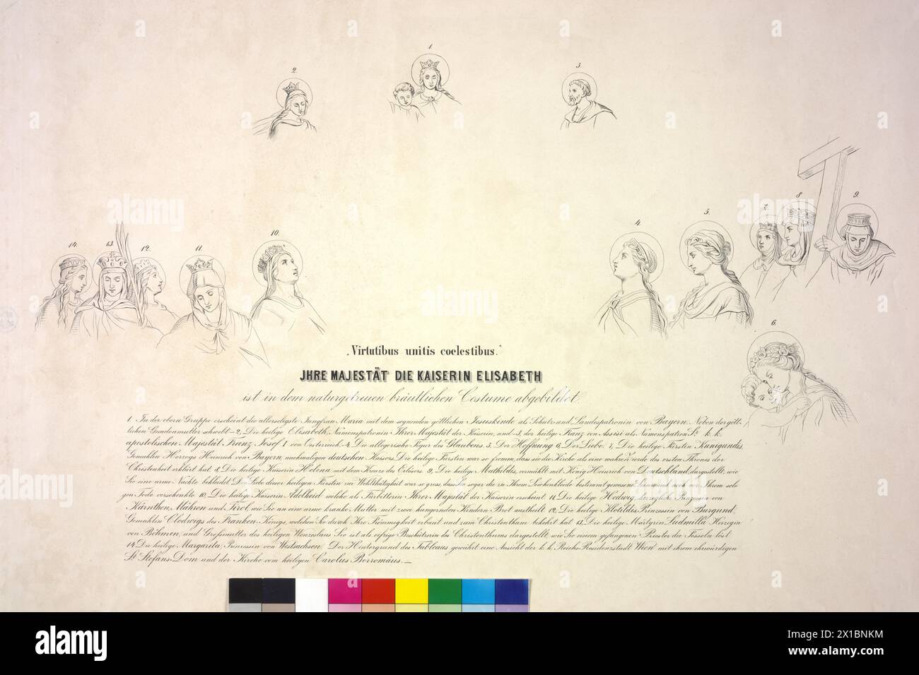 Elisabetta, imperatrice d'Austria, persona chiave della litografia: "Virtutibus unitis coelestibus. Ihre Majestaet die Kaiserin Elisabeth als Braut seiner k.-k. Apostolischen Majestaet Franz Josef I. Kaisers von Oesterreich. Zum bleibenden Gedaechtniss des 24ten Aprils 1854. "L'imperatrice nell'abito da sposa sotto santi e allegorie (litografia di Franz Hanfstaengl su una bozza di Andreas Mueller), incisione, tableau pagina PG III / 3 / 87 e PG III / 3 / 87a, - 18540101 PD1058 - Rechteinfo: Diritti gestiti (RM) Foto Stock