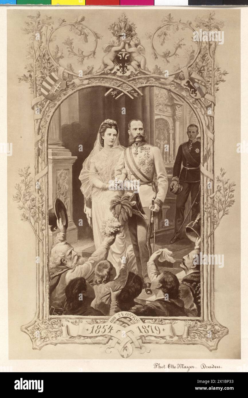 Francesco Giuseppe i, imperatore d'Austria ed Elisabetta, imperatrice d'Austria, collage di foto con caratterizzazione della coppia imperiale: Francesco Giuseppe in uniforme di gala di un feldmaresciallo imperiale e reale in adattamento tedesco, Elisabetta con diadema e velo. Sullo sfondo il principe ereditario Rodolfo. omaggio nell'ocassione del matrimonio d'argento il 24. Aprile 1879, - 18790101 PD0941 - Rechteinfo: Rights Managed (RM) Foto Stock