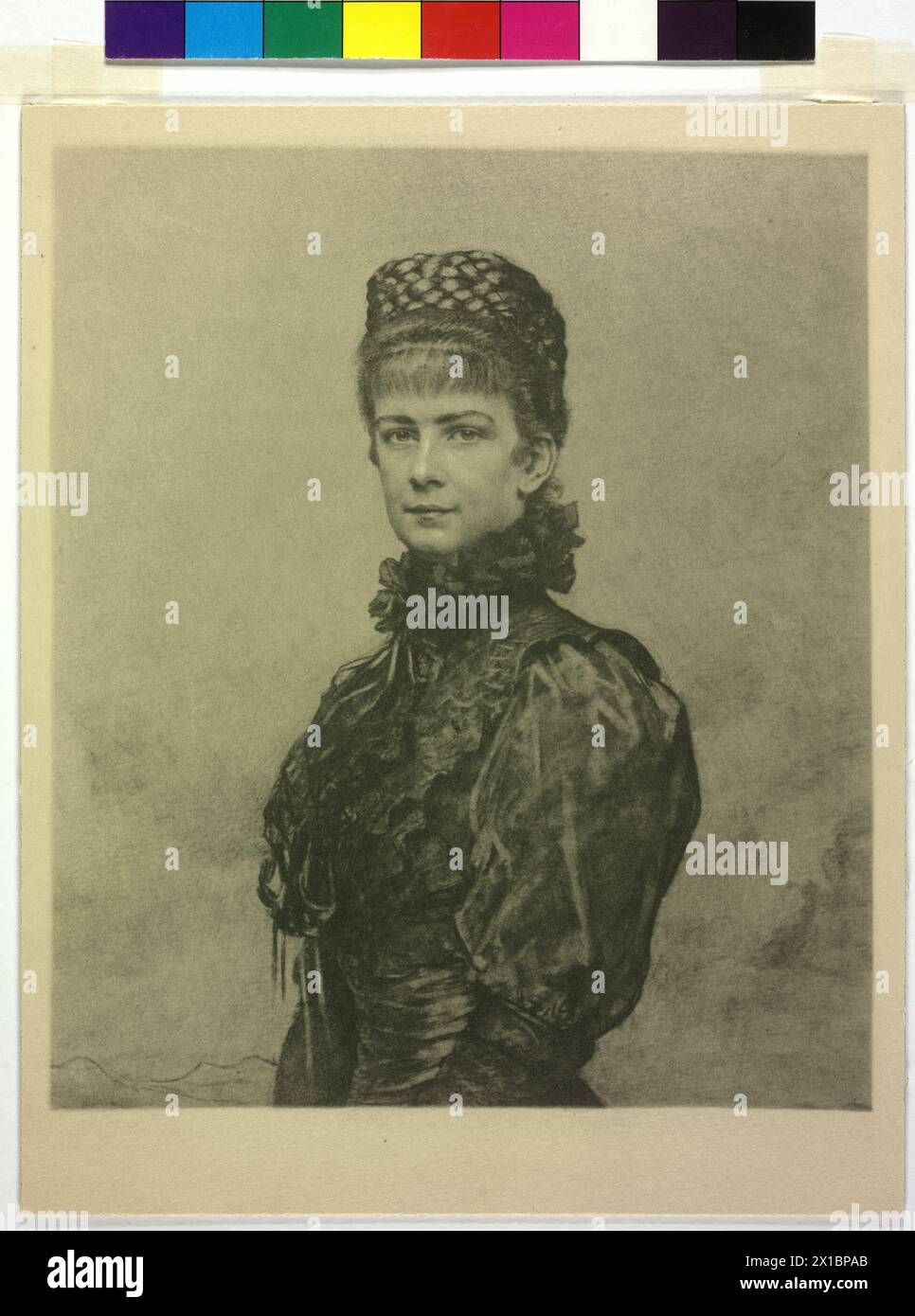 Elisabeth, imperatrice d'Austria, fotografia (dettaglio) a sketch out di Leopold Horovitz (basata sulla fotografia di Pietzner / Angerer) in segno di omicidio di Elisabeth, - 18990101 PD0669 - Rechteinfo: Diritti gestiti (RM) Foto Stock