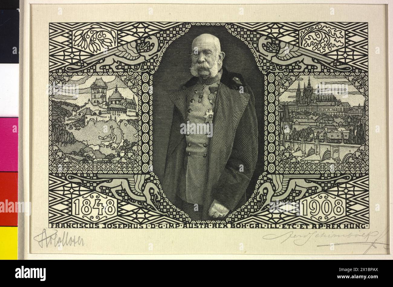 Cartoline dell'anniversario dell'imperatore 1908, con foto dell'imperatore Francesco Giuseppe i, incisione di Ferdinand Schirnboeck su progetto di kolo Moser. Edizione de-luxe autografata con una sola mano, con vista su Schoenbrunn e Michaelertrakt (sezione Miacheler) del castello di Mutie. Edizione mutate con quartiere Praga Hradany e Castello di Karlstein, - 19080101 PD1182 - Rechteinfo: Rights Managed (RM) Foto Stock
