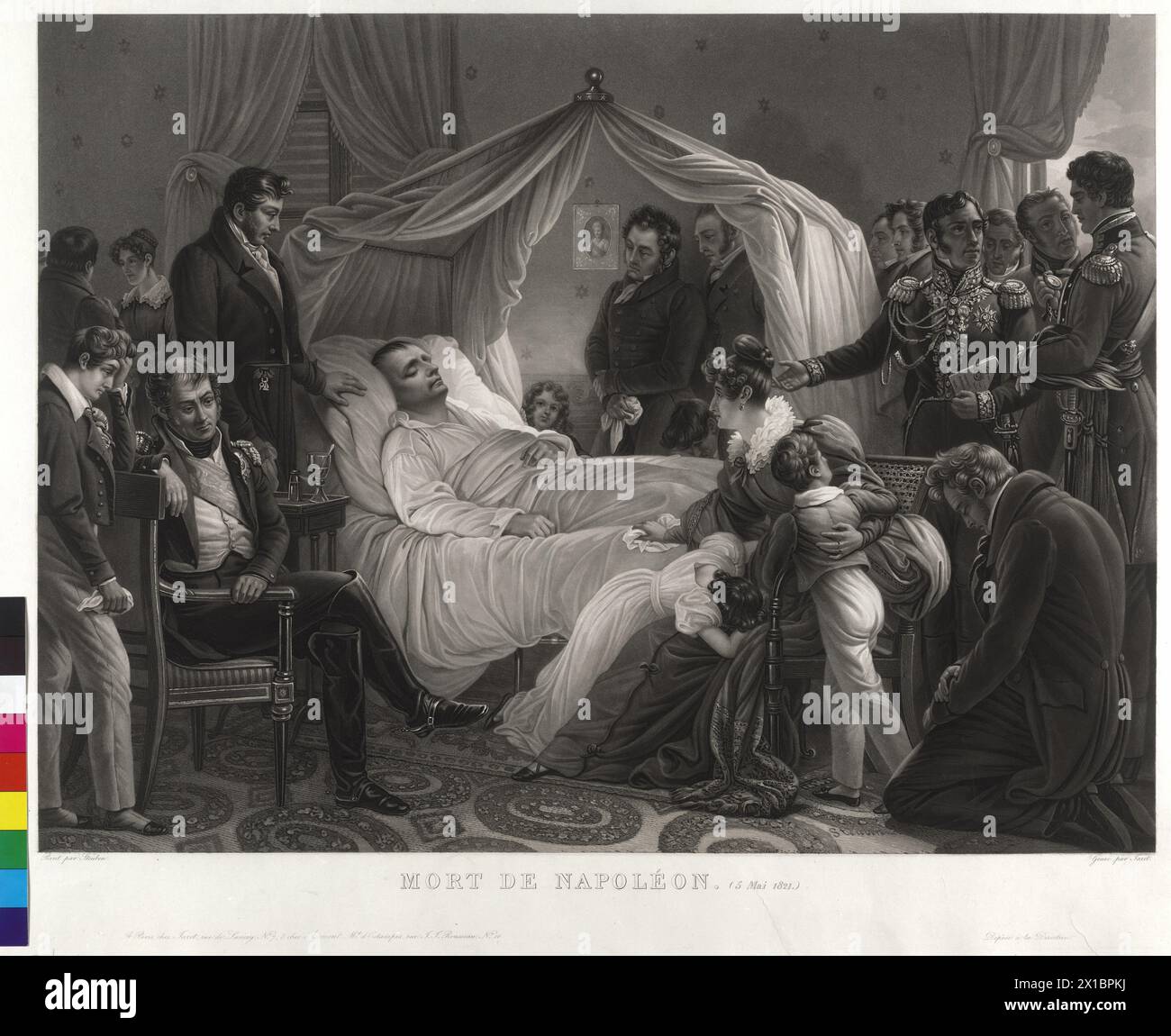 Napoleone i sul letto di morte, circondato da amici, acquatinta di Jean Pierre Marie Jazet su un dipinto di Karl von Steuben, - 19300101 PD20403 - Rechteinfo: Diritti gestiti (RM) Foto Stock