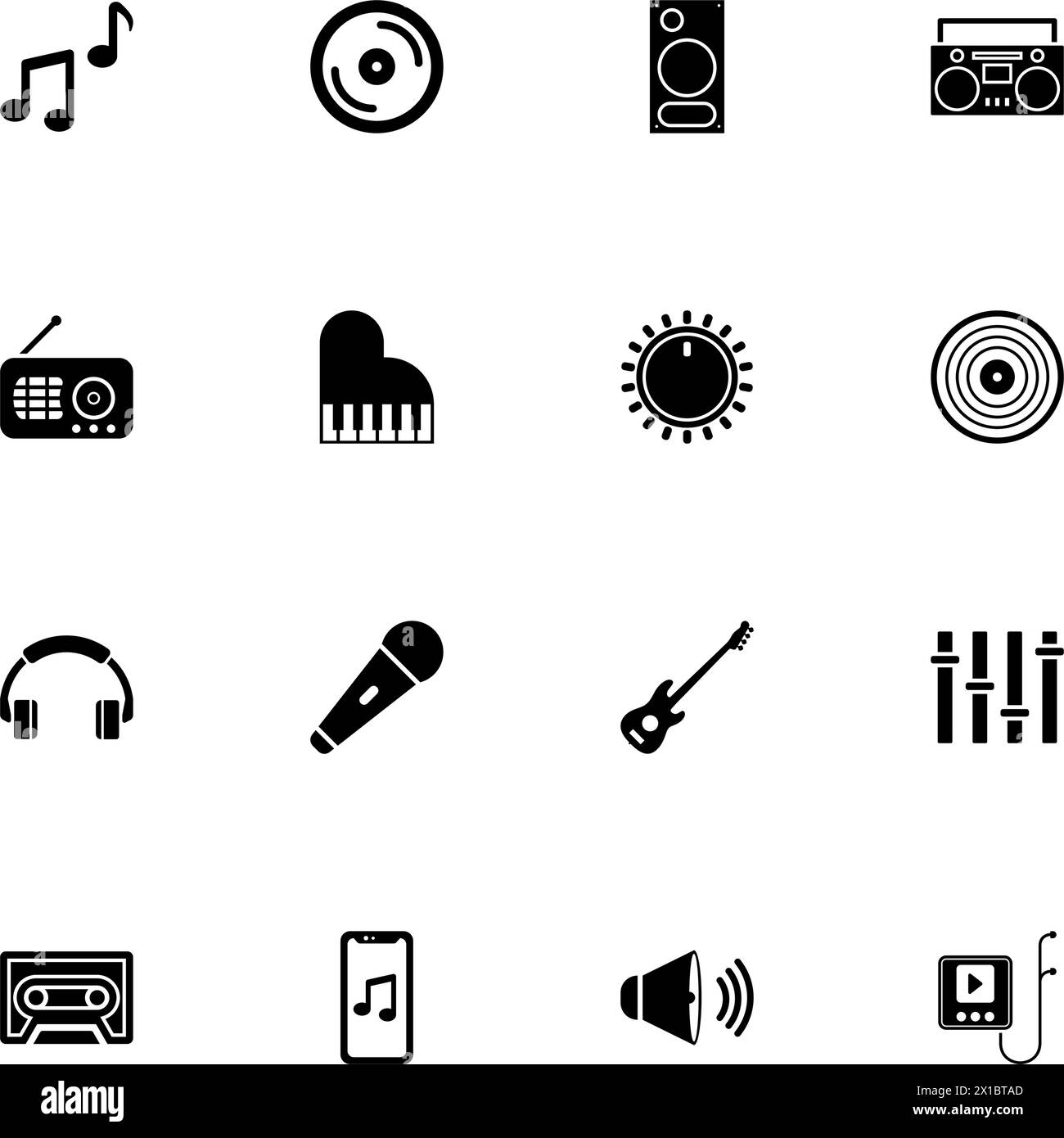 Icona musica - Espandi in qualsiasi dimensione - passa a qualsiasi colore. Perfect Flat Vector contiene icone come note, cuffie, stereo portatile, chitarra, microfono, aud Illustrazione Vettoriale