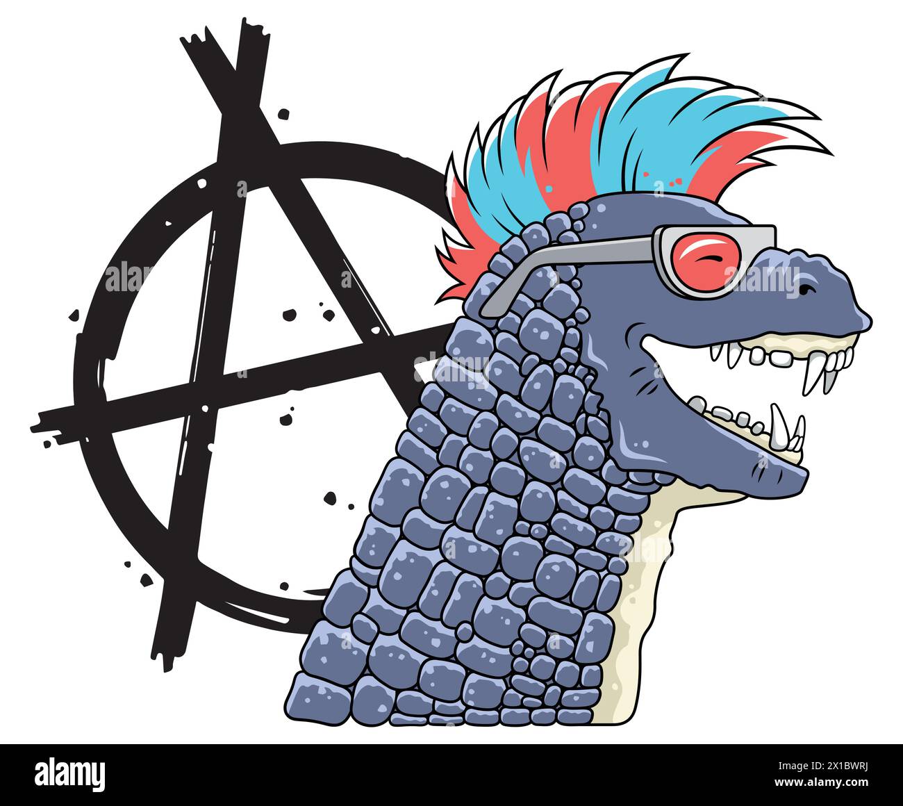 Dinosauro cartoni animati in stile punk rock per il design di abbigliamento per bambini. Illustrazione vettoriale del simbolo Dino e dell'anarchia punk Illustrazione Vettoriale