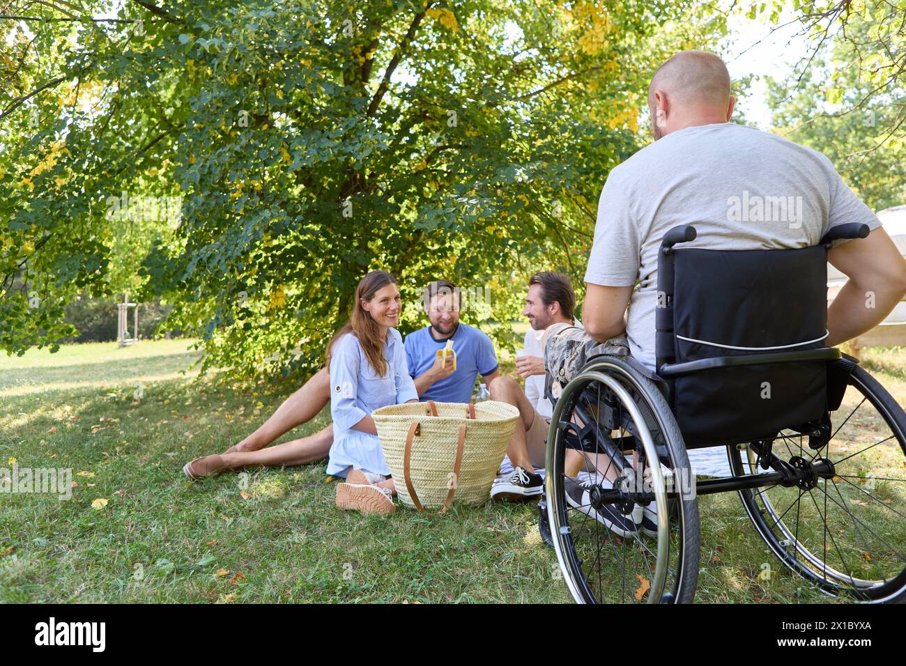 Un gruppo di amici, inclusa una persona su una sedia a rotelle, che fa un picnic nel parco in una giornata di sole, incarnando l'inclusione e la diversità. Foto Stock