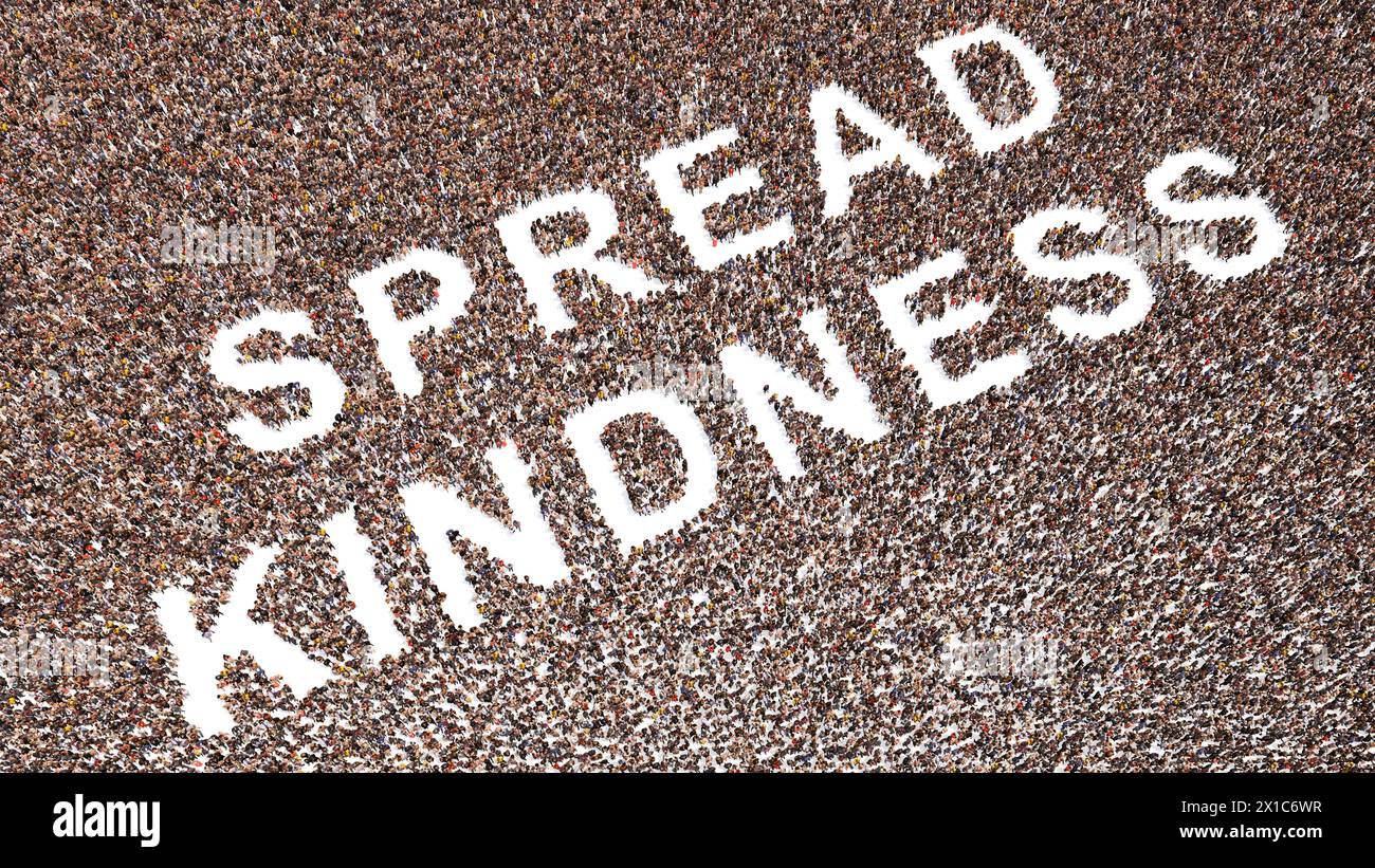 Concetto o grande comunità concettuale di gente che forma lo slogan DI BONTÀ DI DIFFUSIONE. 3d metafora dell'illustrazione per la gentilezza e l'amore, la carità e la condivisione Foto Stock