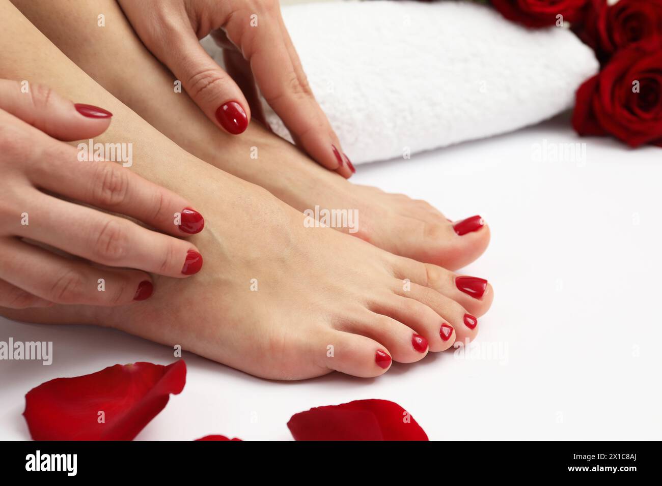 Donna con eleganti unghie rosse dopo la procedura di pedicure e petali di rosa su sfondo bianco, primo piano Foto Stock