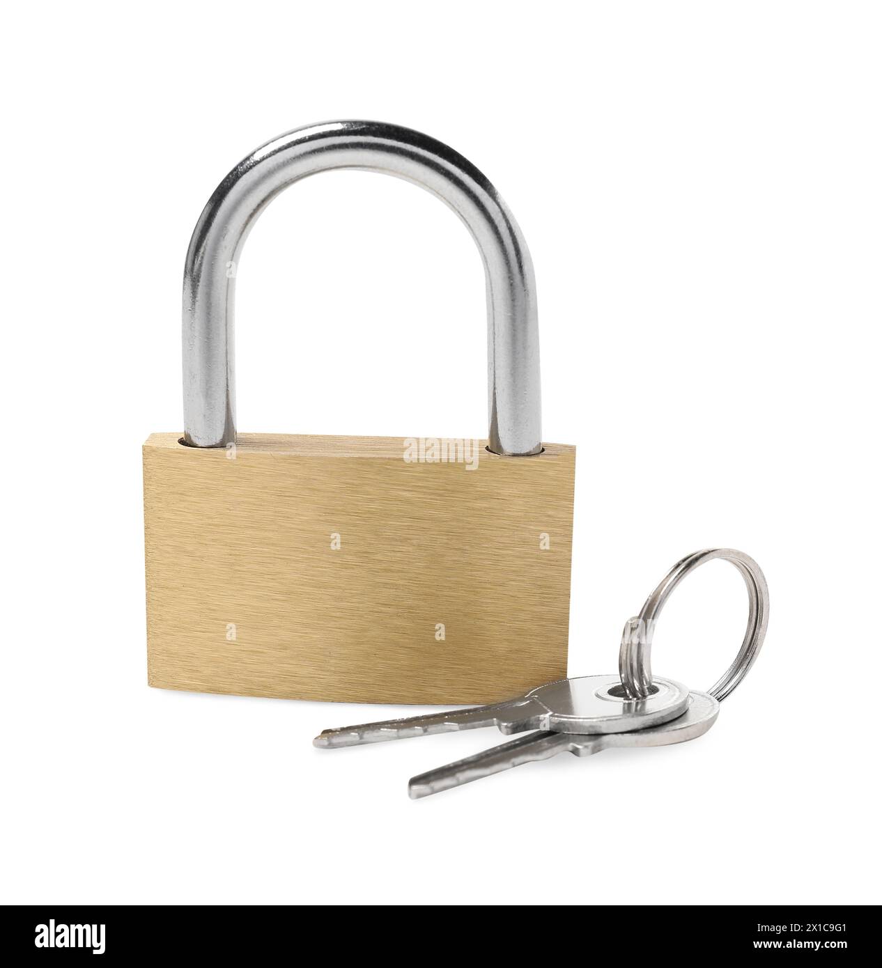 Lucchetto e chiavi in acciaio isolati su bianco Foto Stock
