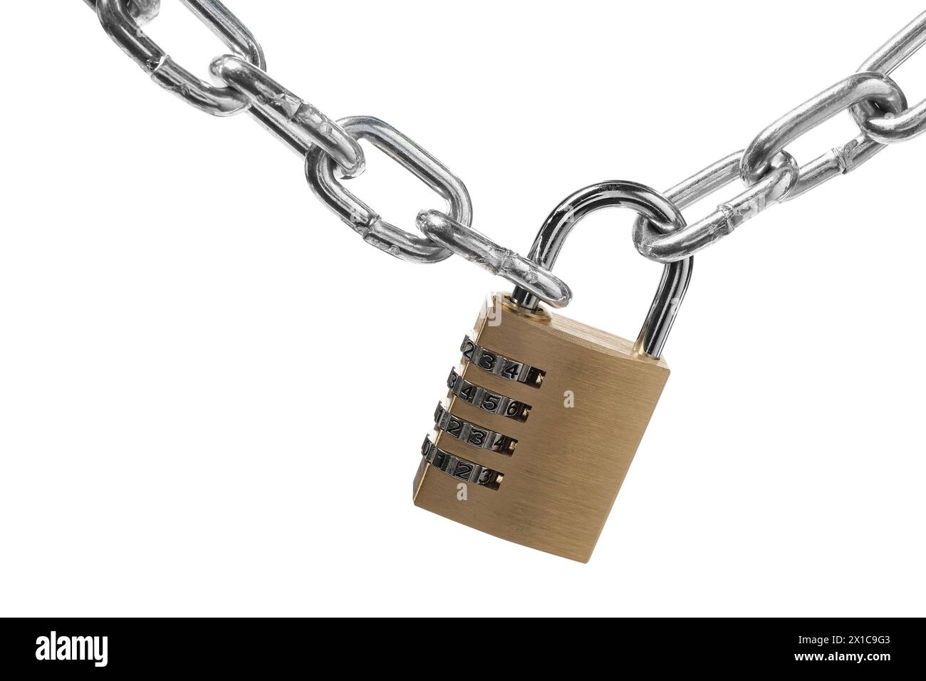 Lucchetto combinato in acciaio e catena isolati su bianco Foto Stock