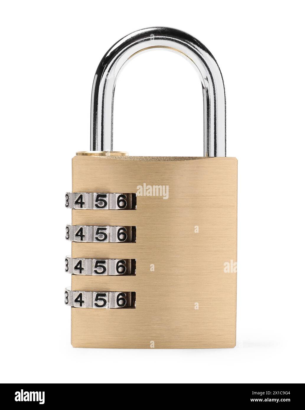 Lucchetto a combinazione in acciaio bloccato isolato su bianco Foto Stock