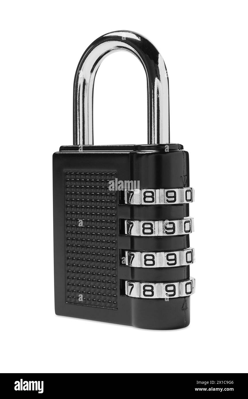 Lucchetto a combinazione in acciaio bloccato isolato su bianco Foto Stock