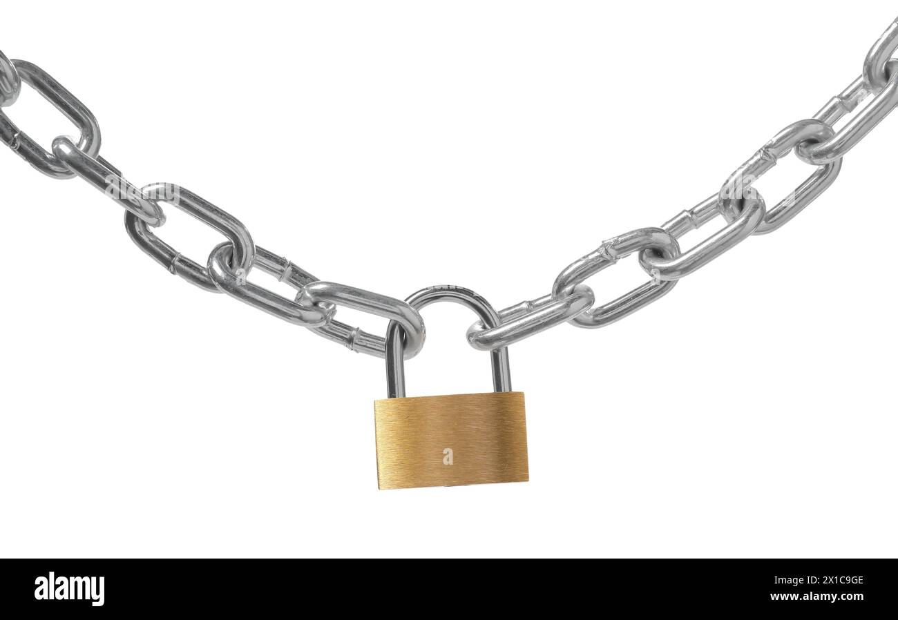 Lucchetto e catena in acciaio isolati su bianco Foto Stock