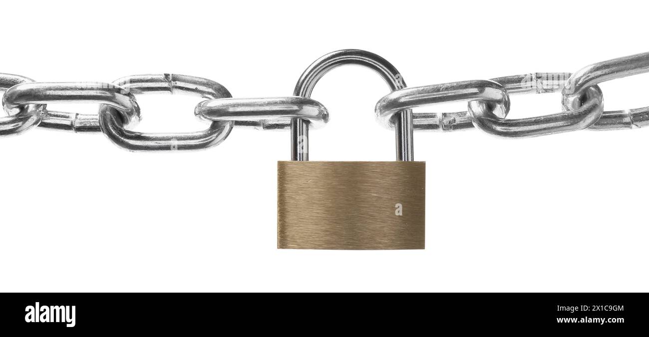 Lucchetto e catena in acciaio isolati su bianco Foto Stock
