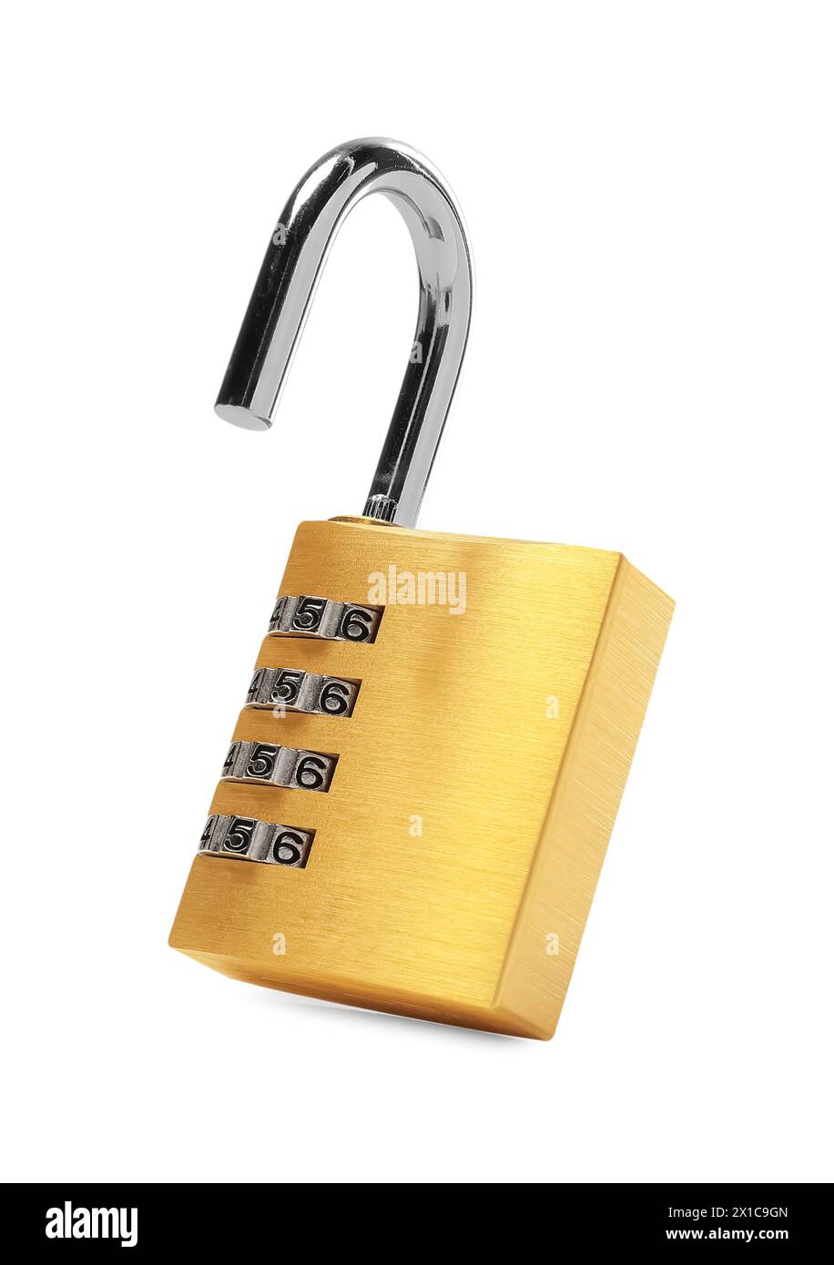 Lucchetto combinato in acciaio sbloccato isolato su bianco Foto Stock