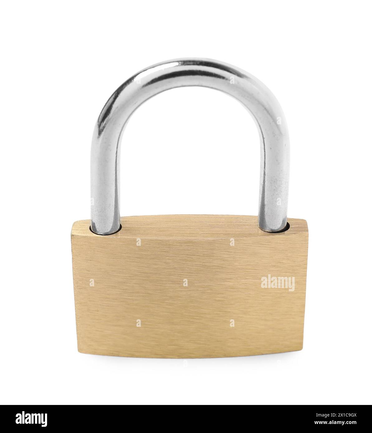 Un nuovo lucchetto in acciaio isolato su bianco Foto Stock