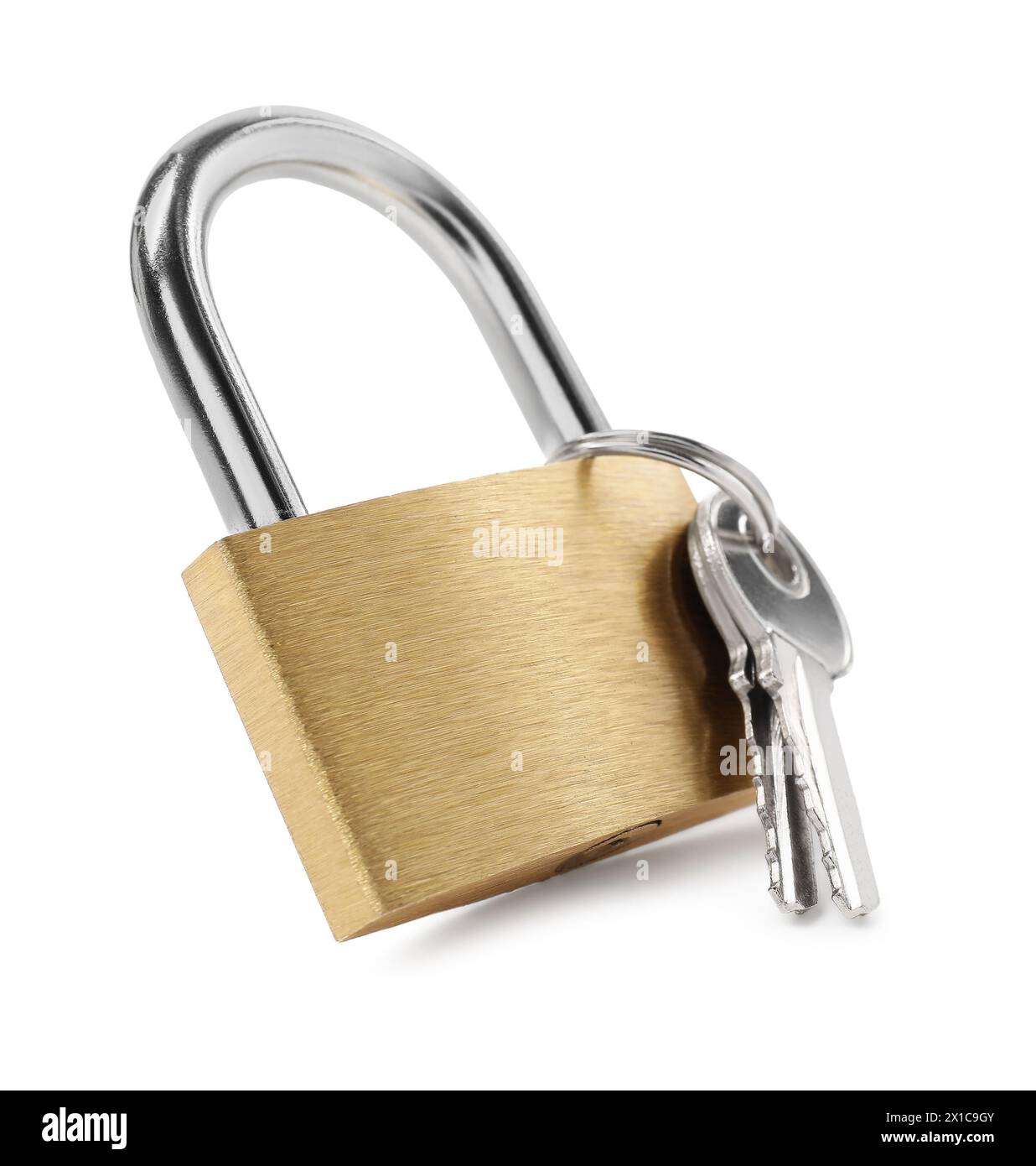 Lucchetto e chiavi in acciaio isolati su bianco Foto Stock