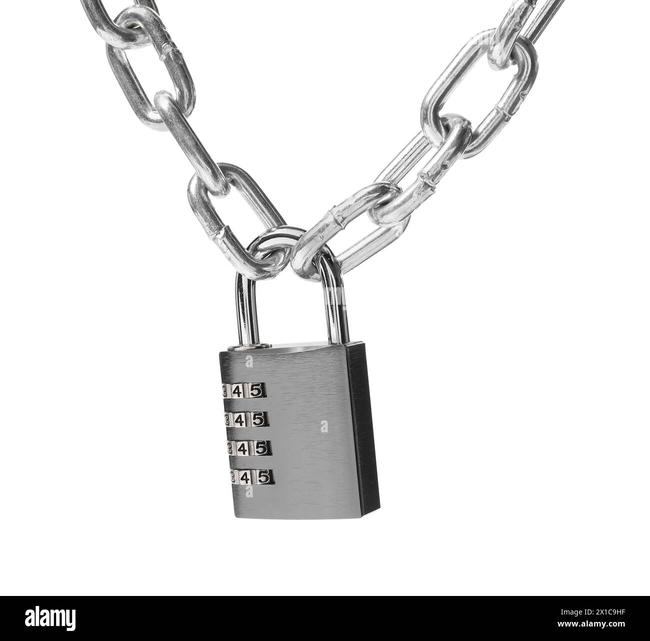 Lucchetto combinato in acciaio e catena isolati su bianco Foto Stock