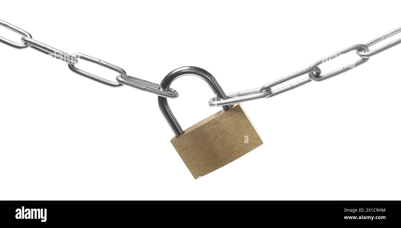 Lucchetto e catena in acciaio isolati su bianco Foto Stock