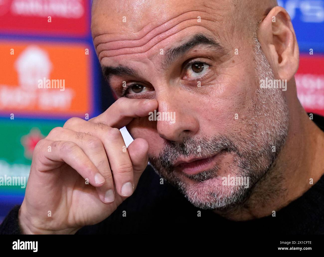 Manchester, Regno Unito. 16 aprile 2024. Josep Guardiola, allenatore del Manchester City, parla a una conferenza stampa durante la giornata di accesso ai media della Champions League all'Academy Stadium di Manchester. Foto: Andrew Yates/Sportimage credito: Sportimage Ltd/Alamy Live News Foto Stock