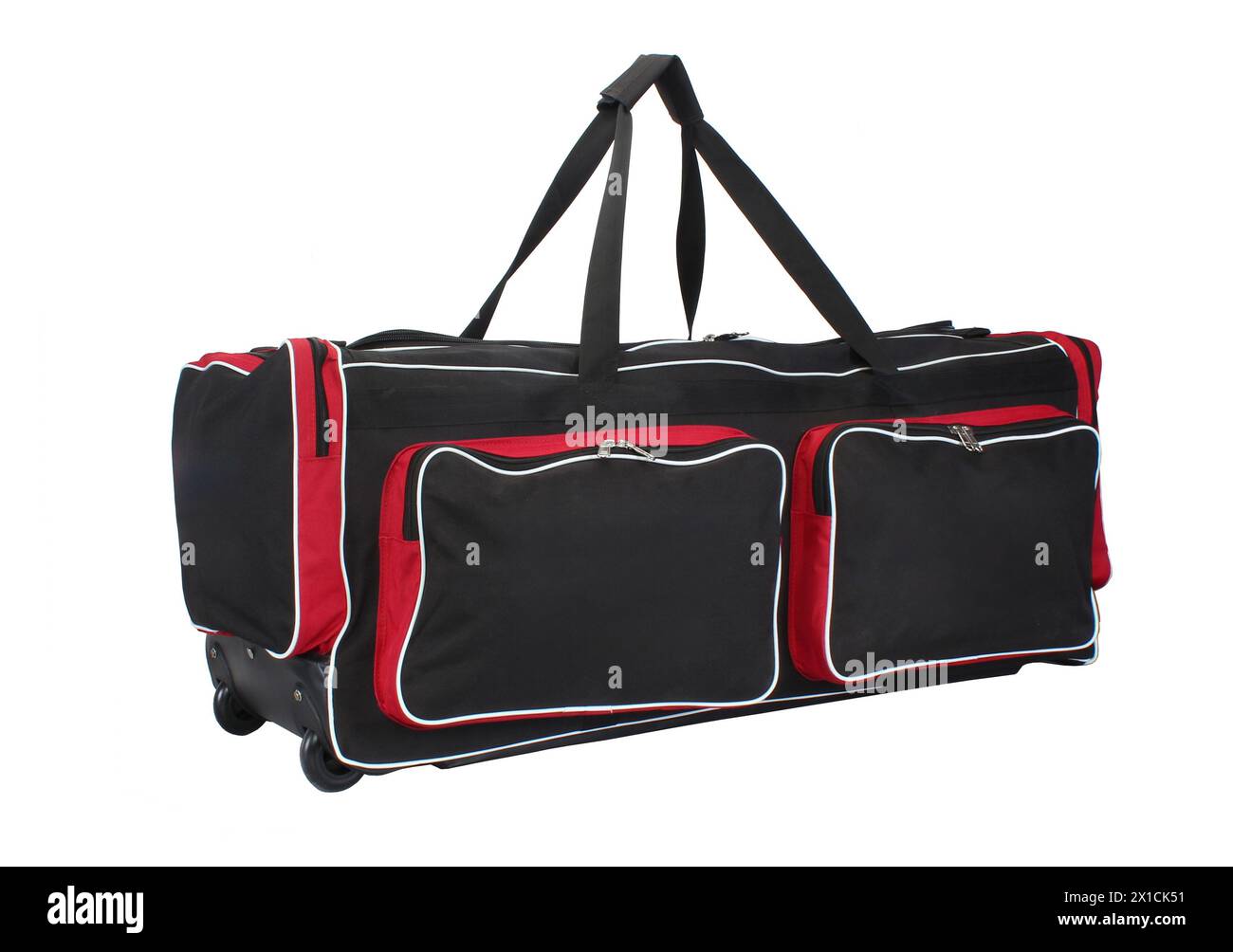 sacchetto per kit di cricket rosso e nero isolato su sfondo bianco Foto Stock