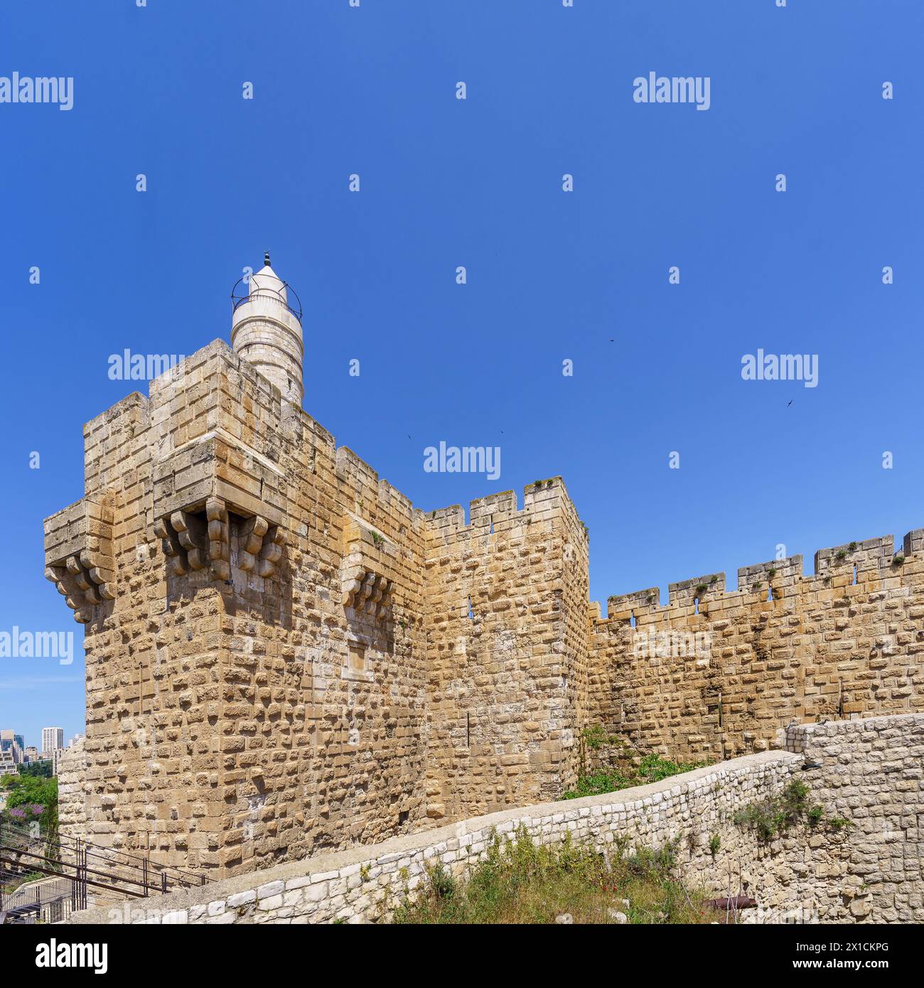 Vista della Torre della fortezza di Davide, parte delle mura della città vecchia di Gerusalemme, Israele Foto Stock