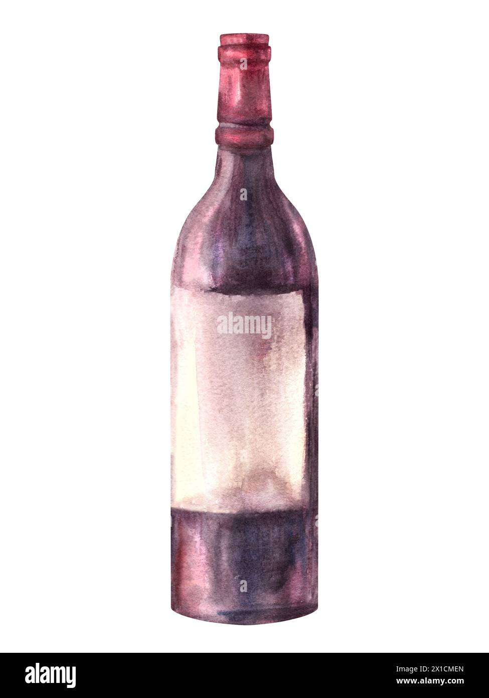 Bottiglia di vino rosso. Bevande alcoliche, liquore, grappa, succo. Illustrazione disegnata a mano con acquerello. Vinificazione dell'uva. Menu delle bevande, lista dei vini, etichetta Foto Stock