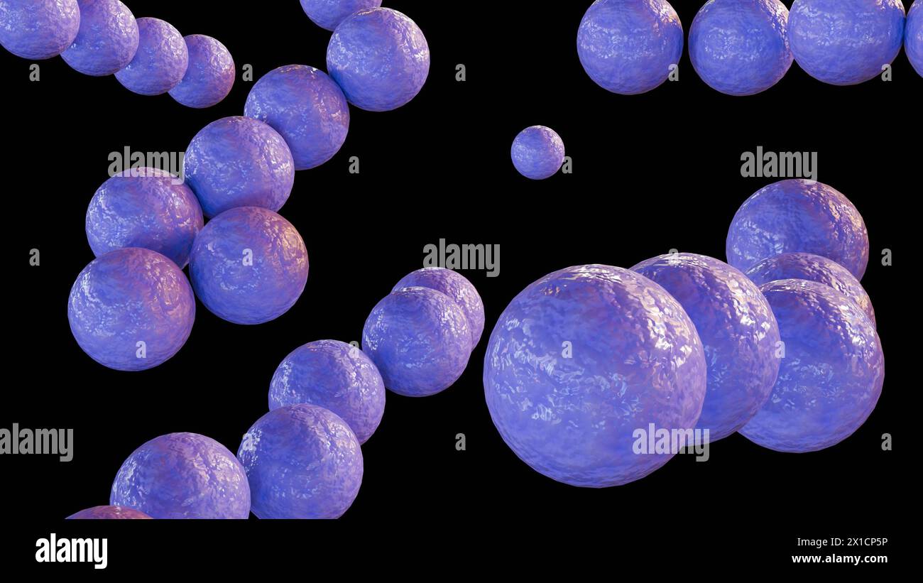 Rendering 3d dello streptococco, è un batterio sferico appartenente alla famiglia delle Streptococcaceae. Foto Stock