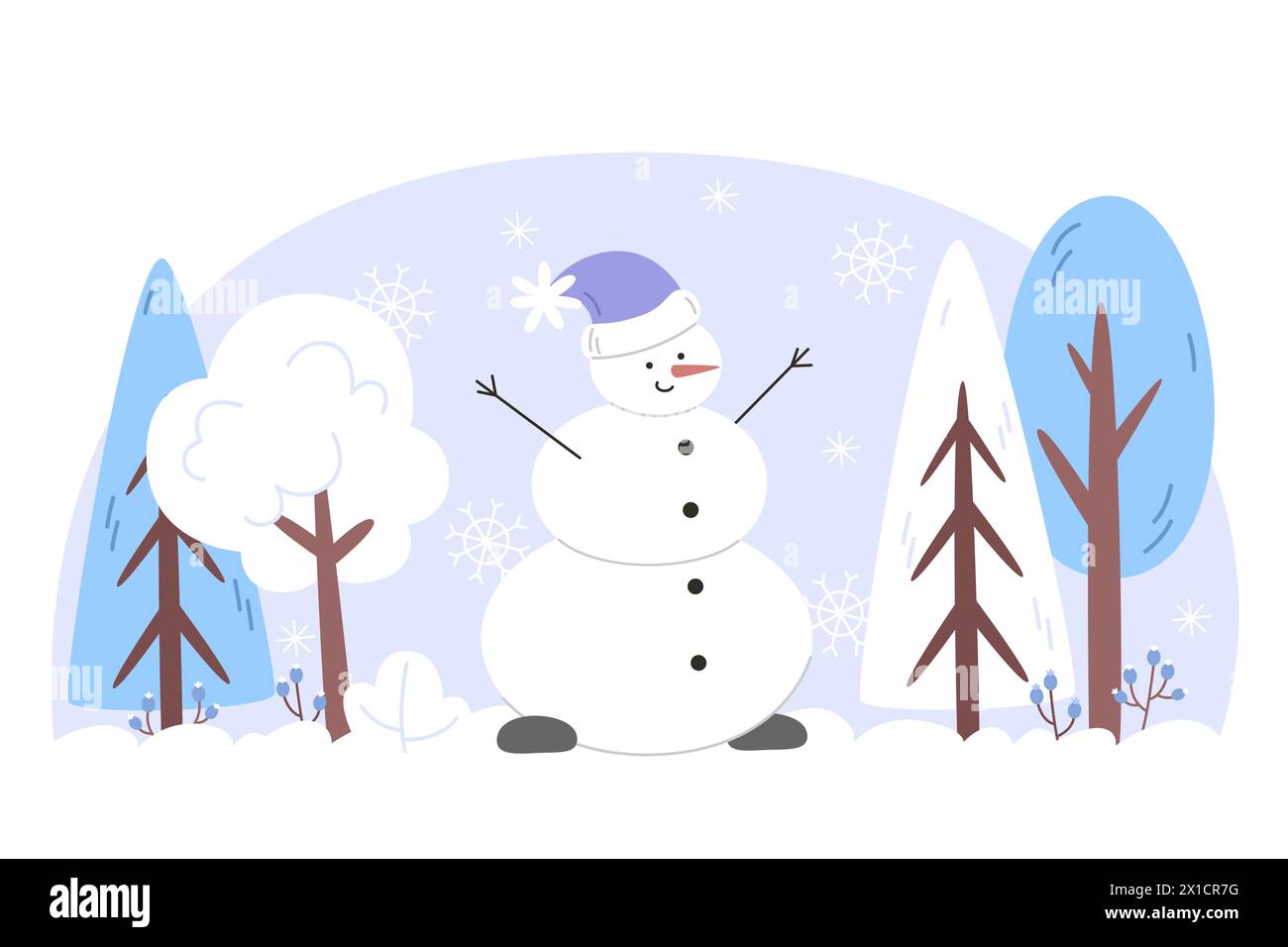 Paesaggio invernale con un pupazzo di neve in una foresta innevata Illustrazione Vettoriale