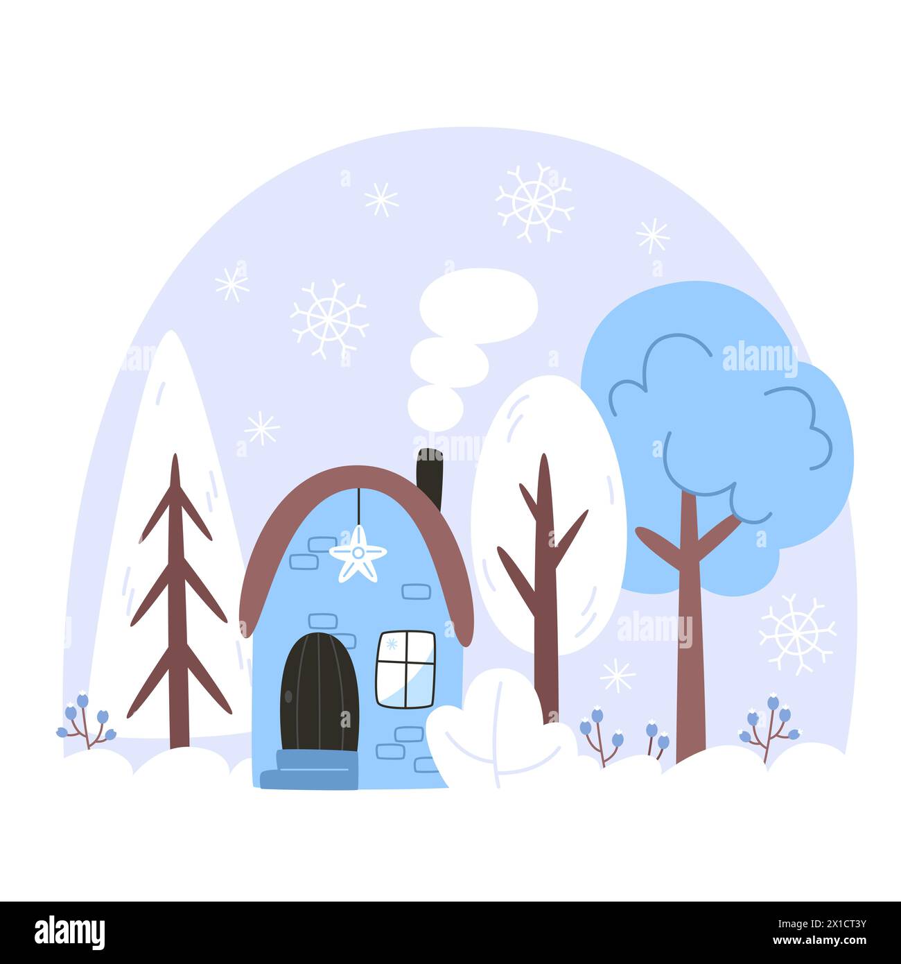 Paesaggio invernale con una casa in una foresta innevata Illustrazione Vettoriale