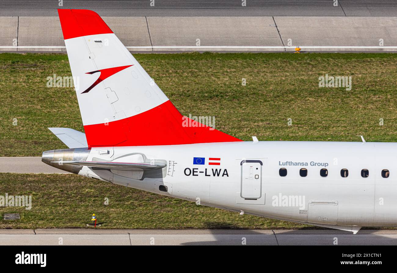 Pinna di coda di un Embraer 195LR dell'Austrian Airlines. Registrazione OE-LWA. (Zürich, Svizzera, 24.02.2024) Foto Stock
