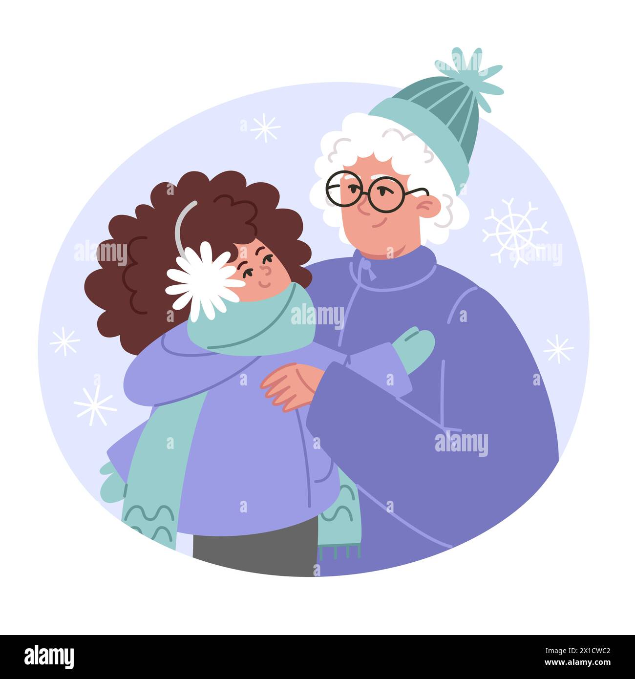 Ritratto di famiglia invernale nonna e nipote in stile piatto Illustrazione Vettoriale
