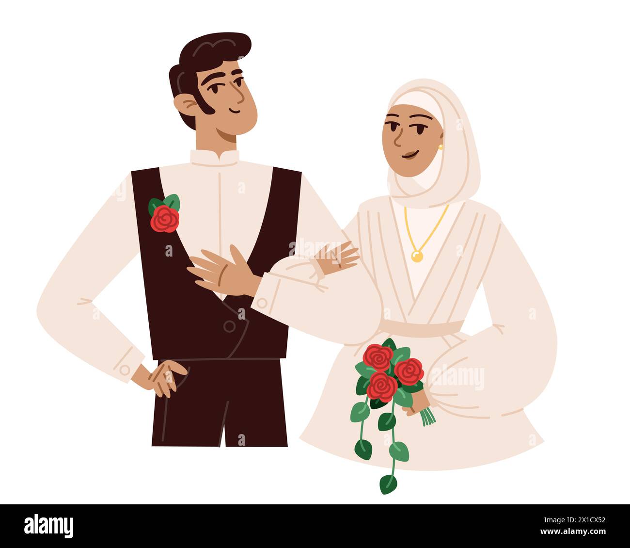 Sposa con un bouquet di fiori e sposo al matrimonio, illustrazione in stile piatto Illustrazione Vettoriale
