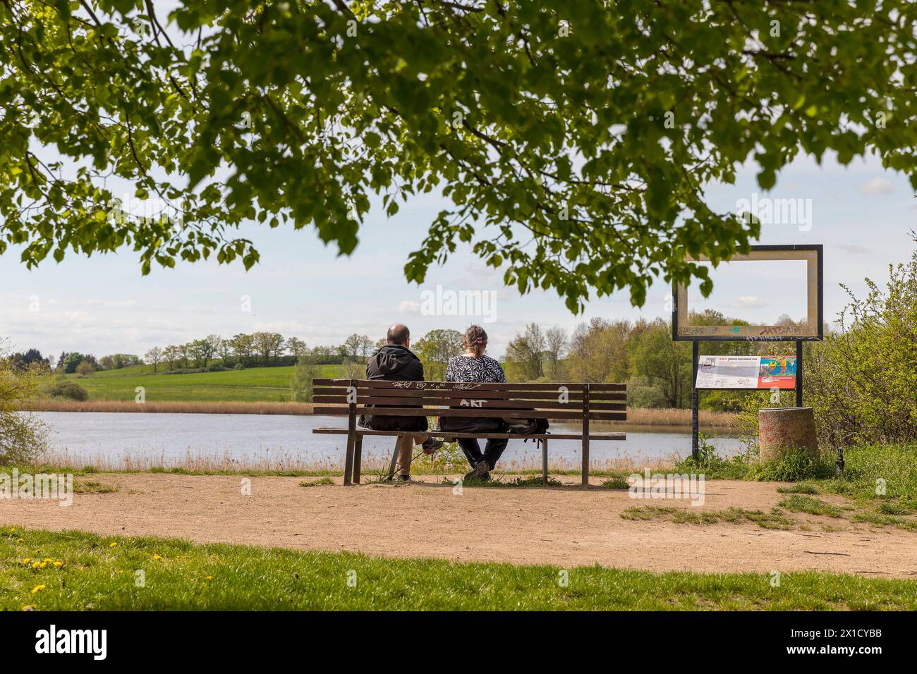 2 Personen auf einer Bank mit Ausblick auf den Dippelsdorfer Teich, am Brückeweg, Moritzburg, Sachsen, Deutschland *** 2 persone su una panchina con vista Foto Stock