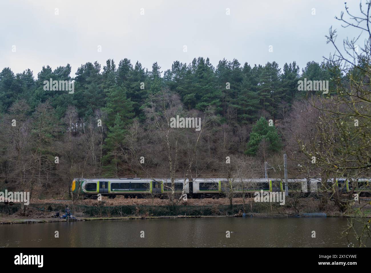 Il treno passa attraverso gli alberi accanto a un lago Foto Stock