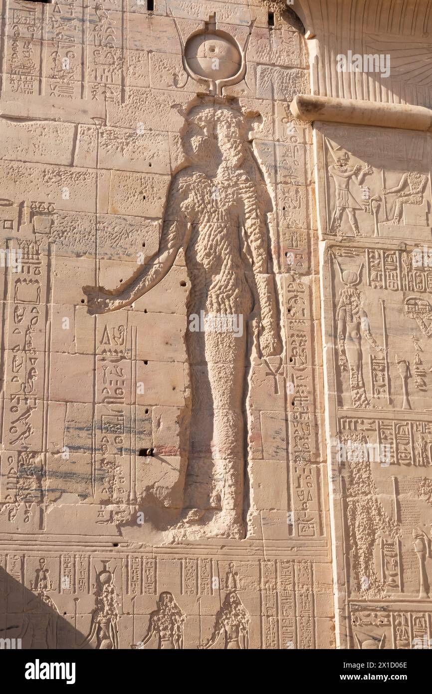 Dettagli sculture in pilone, complesso del tempio di Iside Philae, isola Agilkia, bacino idrico della diga di Assuan. Luogo di sepoltura di Osiride. Egitto Foto Stock