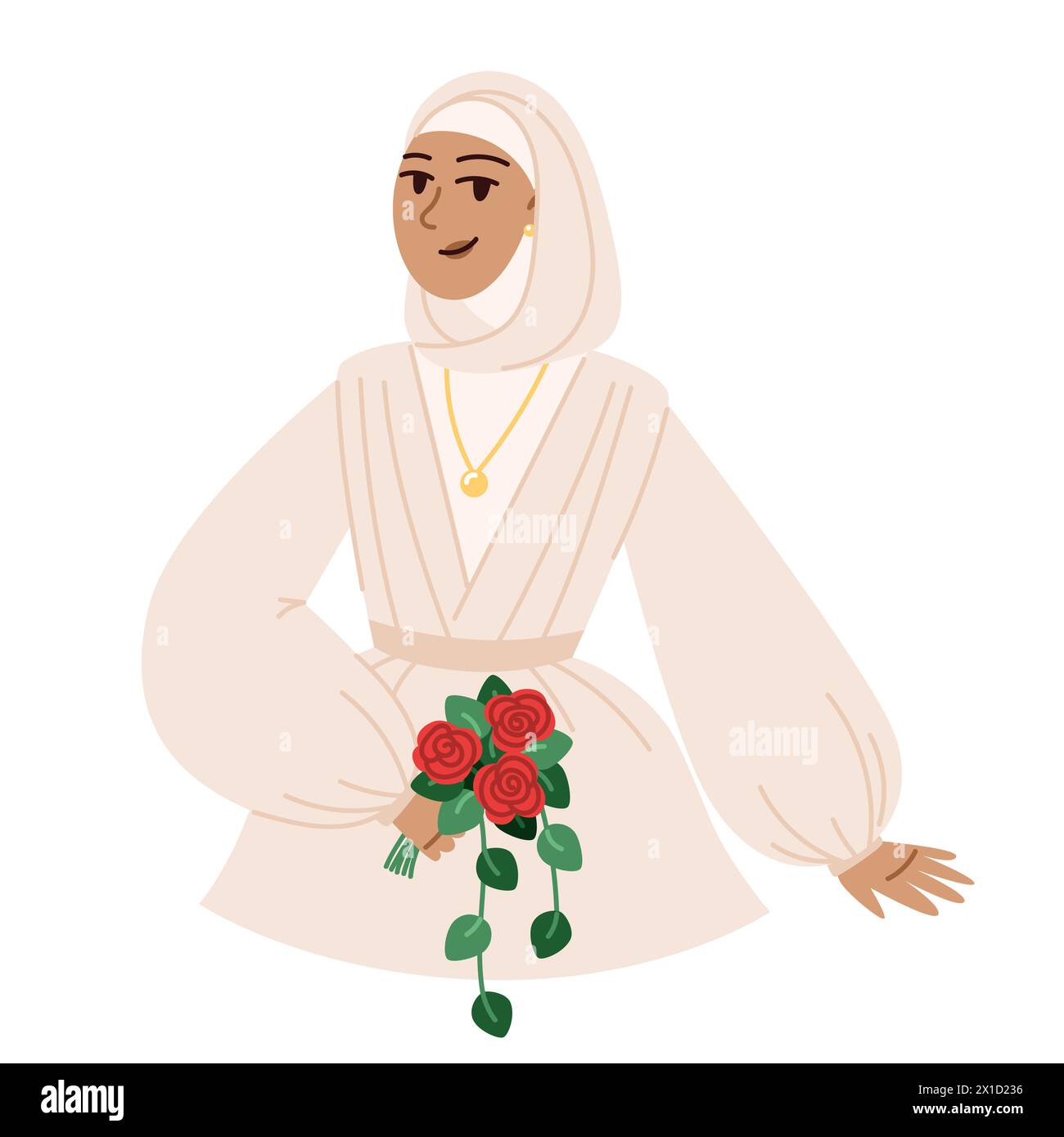 Bellissimo abito da sposa alla moda con un bouquet di rose e un hijab Illustrazione Vettoriale