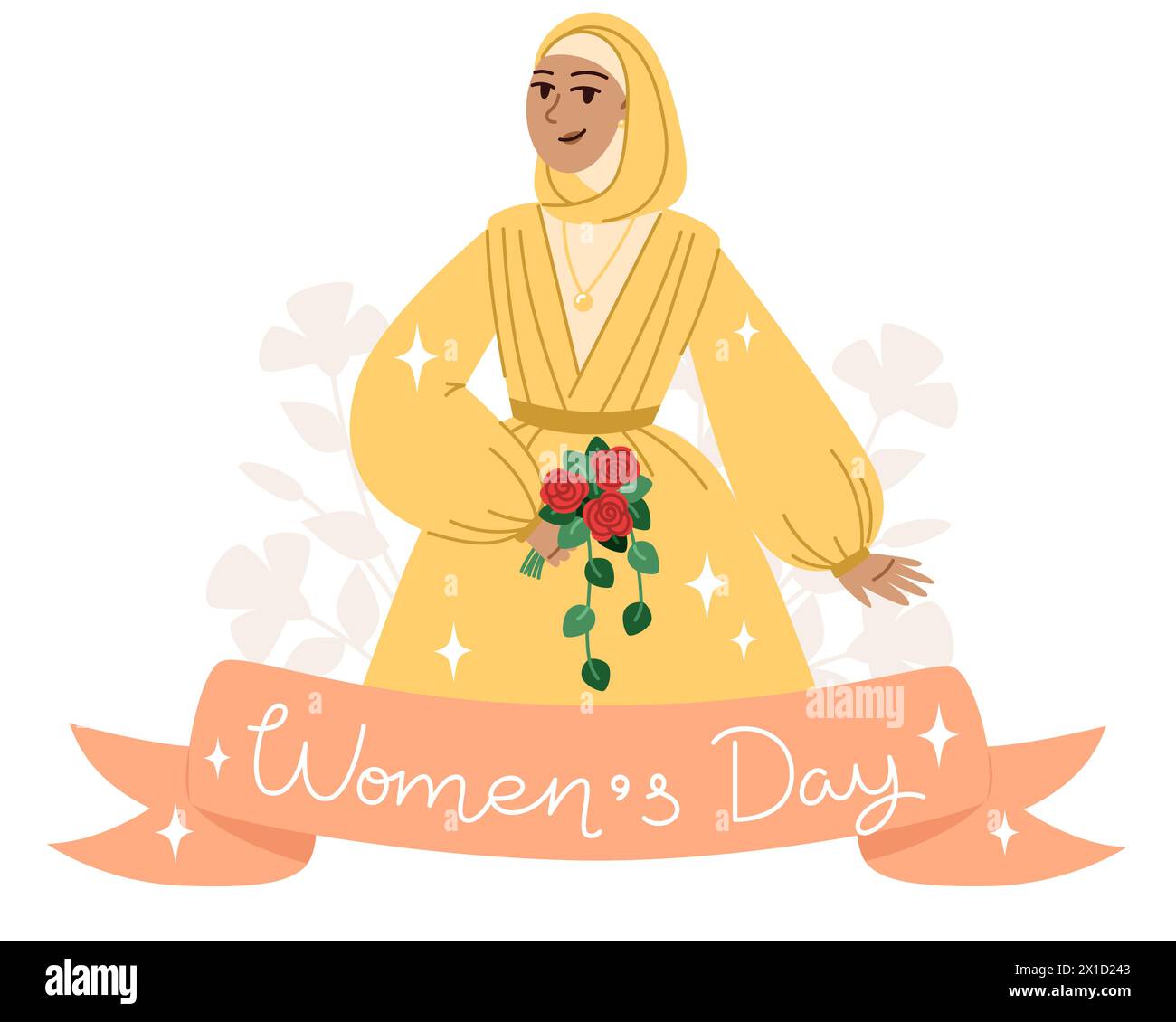 Biglietto di auguri per la giornata della donna con una giovane donna in hijab in stile piatto Illustrazione Vettoriale