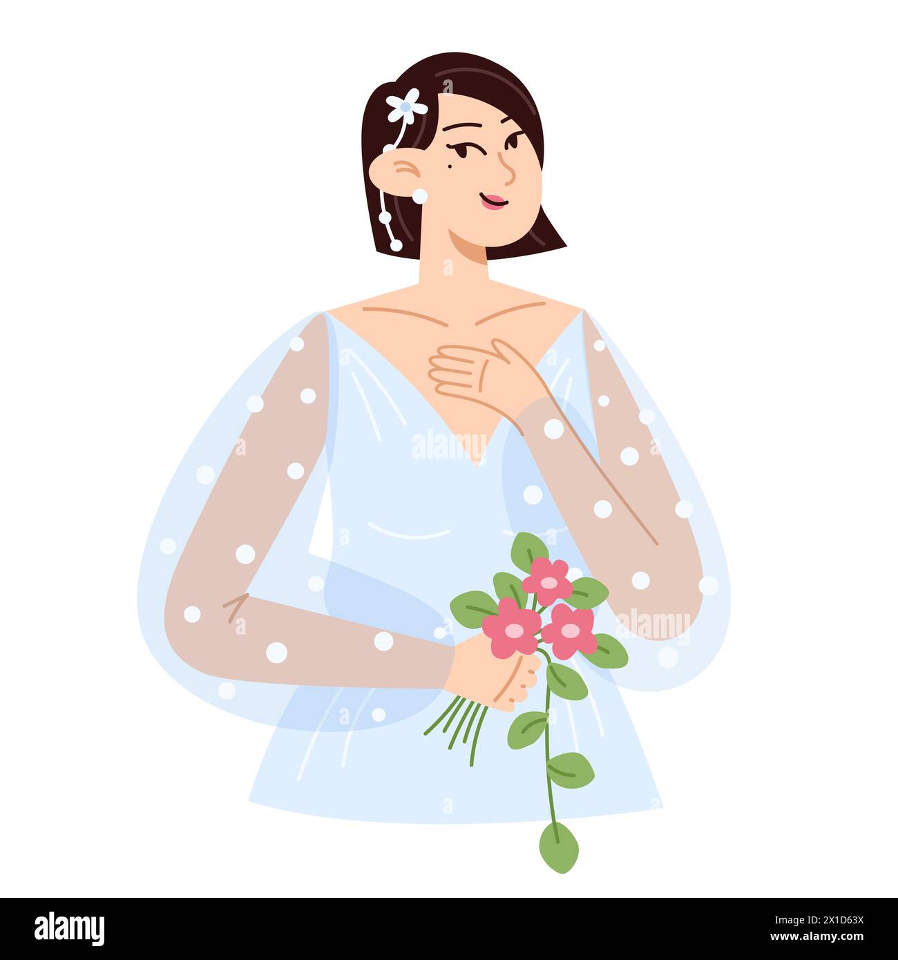 Splendida sposa in abito da sposa alla moda con un bouquet di fiori in stile piatto Illustrazione Vettoriale