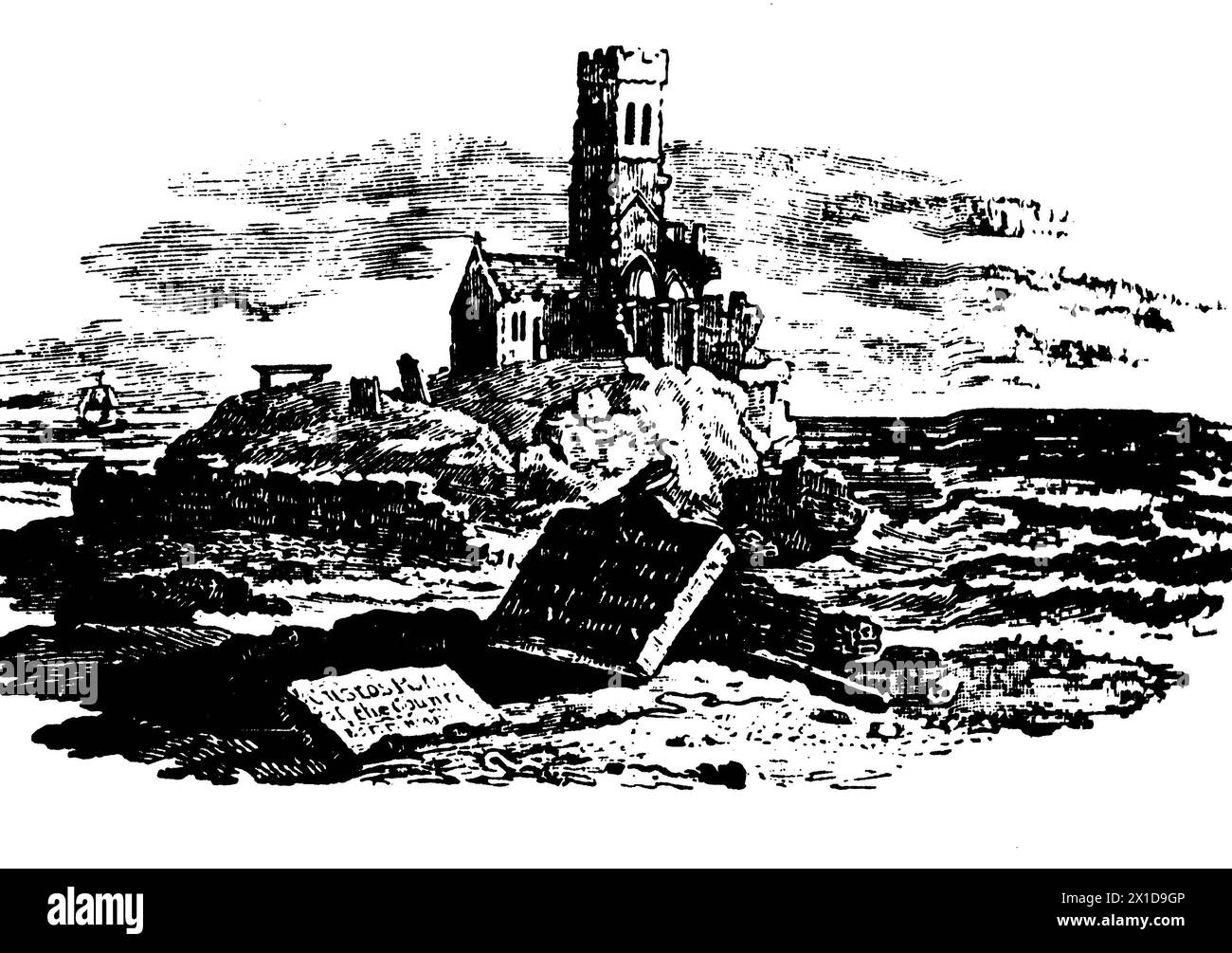 Un'illustrazione storica del XIX secolo in bianco e nero di una vecchia chiesa. Foto Stock