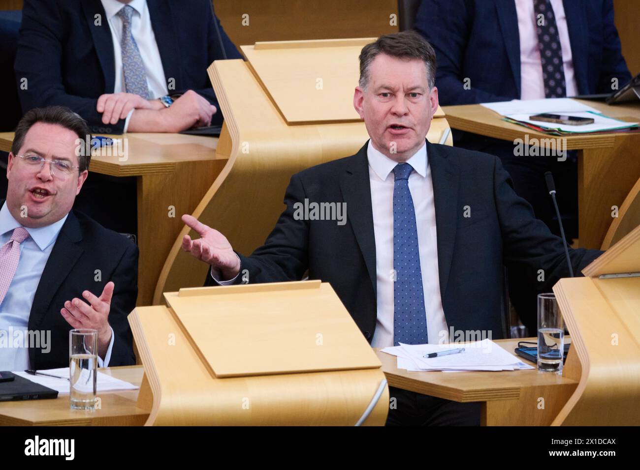 Edimburgo Scozia, Regno Unito 16 aprile 2024. Murdo Fraser MSP al Parlamento scozzese per una dichiarazione ministeriale sull'attuazione del crimine d'odio e dell'ordine pubblico (Scotland) Act 2021 accreditano sst/alamy live news Foto Stock