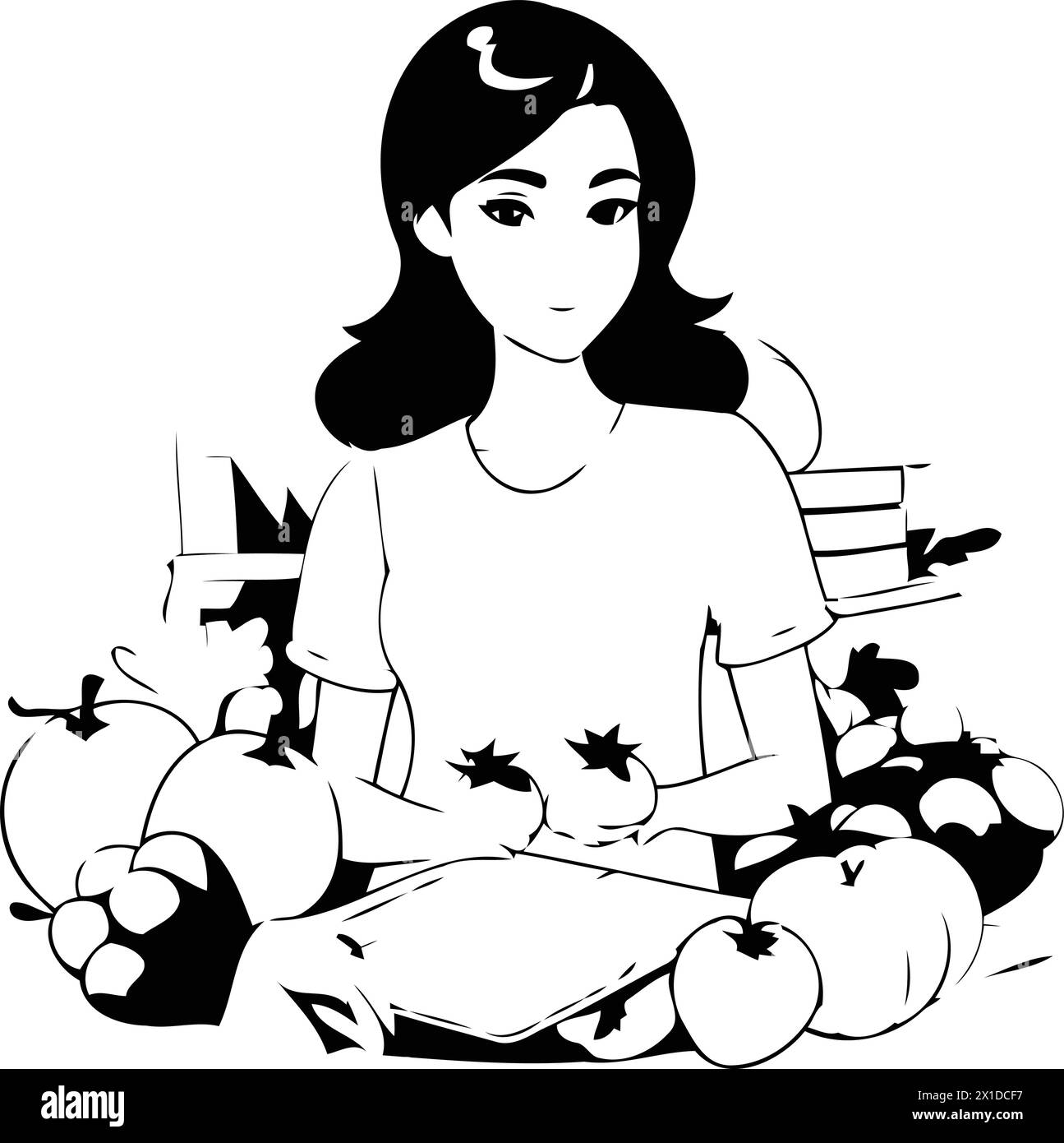 Illustrazione vettoriale di una donna con verdure in cucina. Concetto di cibo sano. Illustrazione Vettoriale