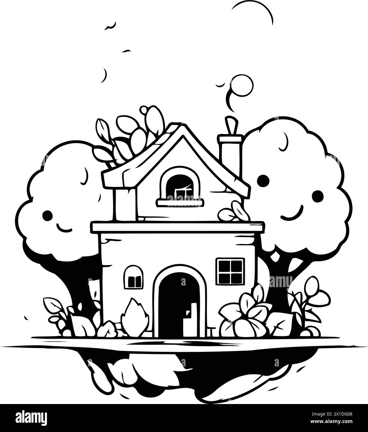 Casa dei cartoni animati con alberi ed erba. Illustrazione vettoriale in stile piatto. Illustrazione Vettoriale