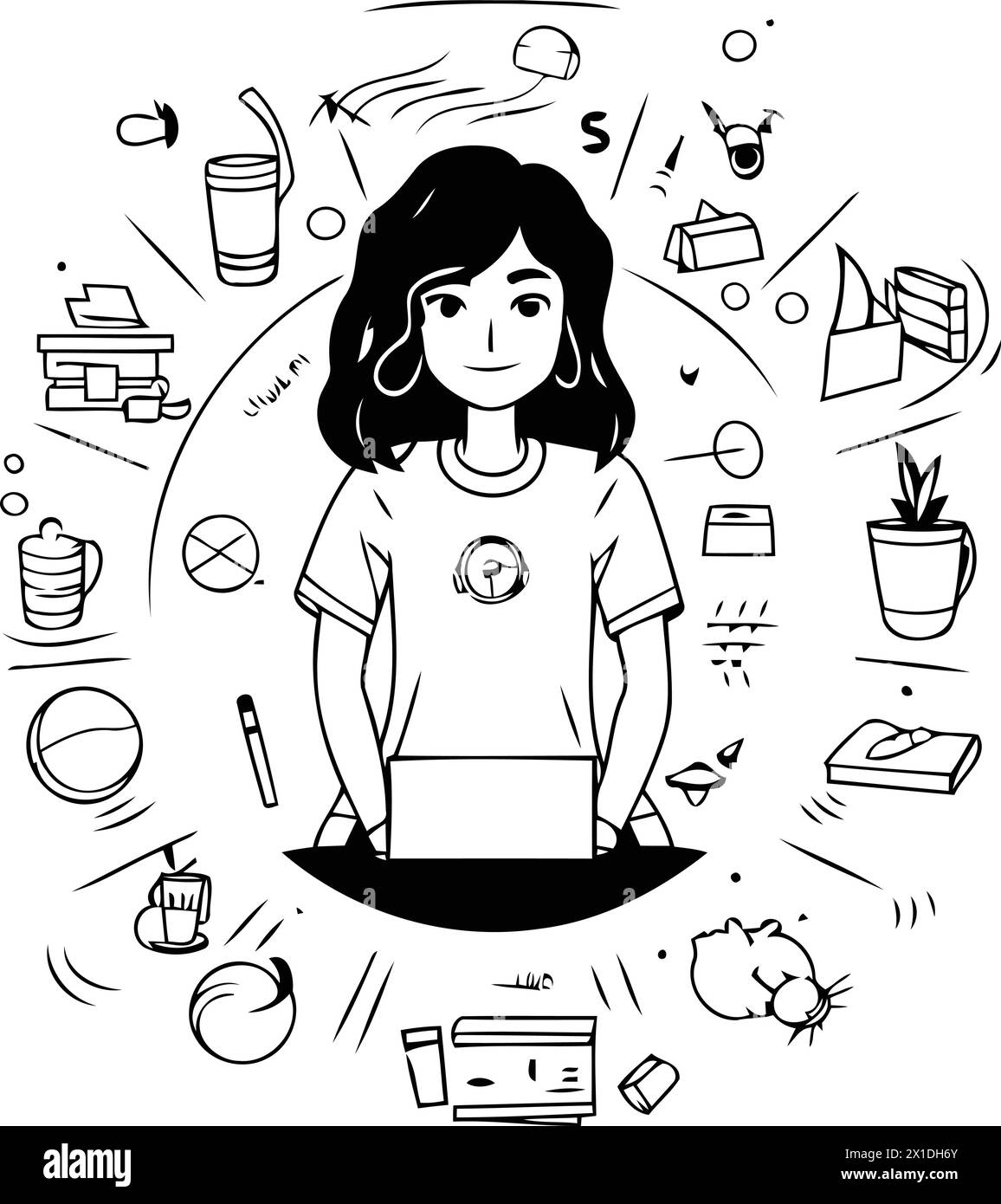 Illustrazione vettoriale di una ragazza con un notebook in mano. Il concetto di autosviluppo. Illustrazione Vettoriale